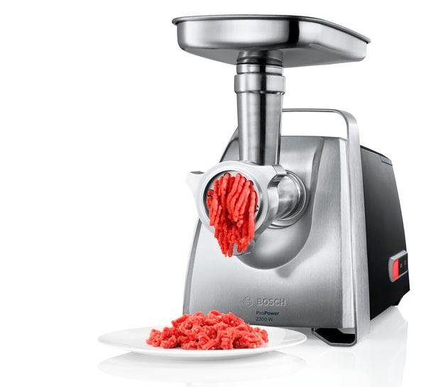 BOSCH Fleischwolf ProPower MFW68660, Rücklauf, Durchlaufschnitzler, 800 W, 3 Lochscheiben Edelst. (3/4,8/8mm), Fruchtpressen-/Wurst-/Kebbeaufsatz