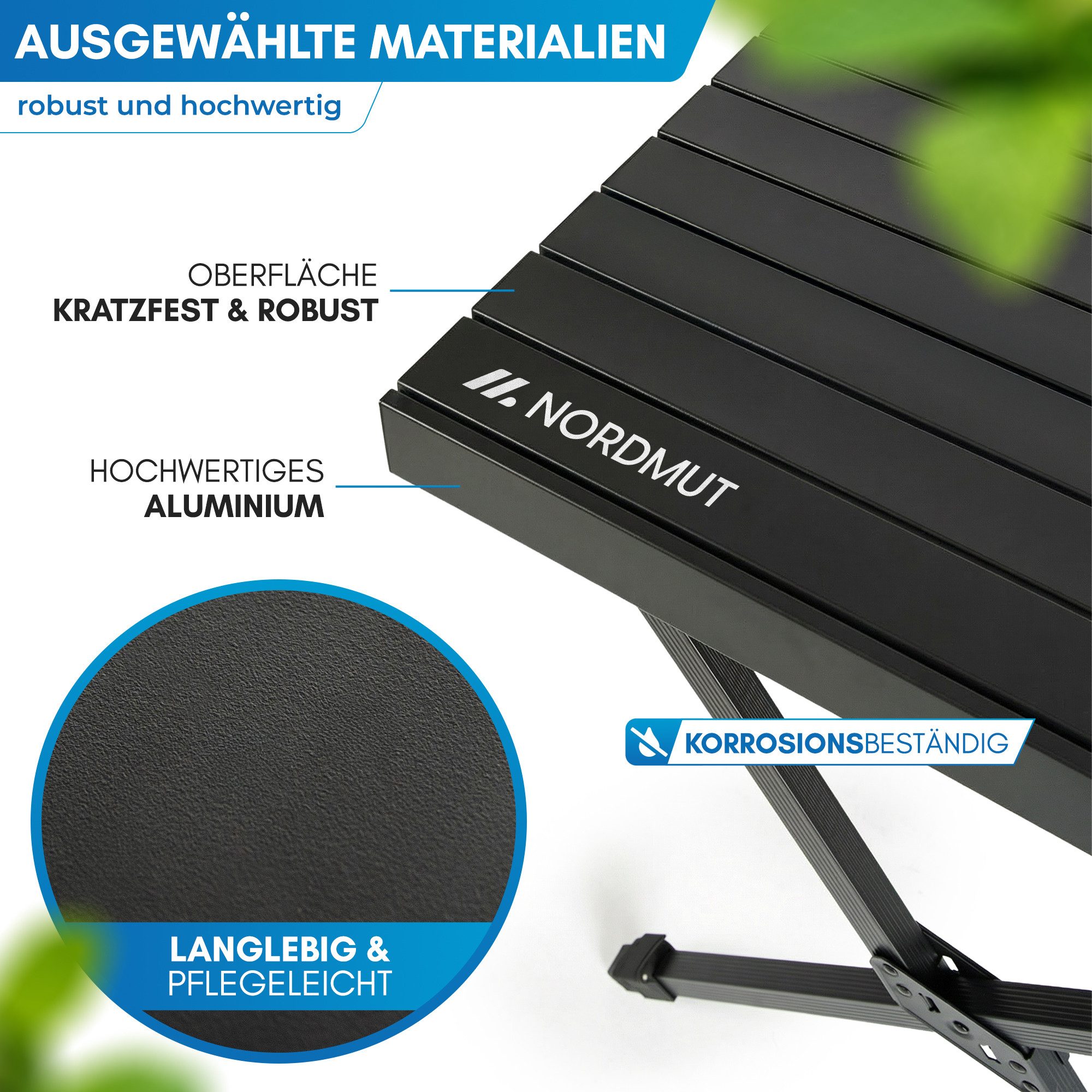 Nordmut Campingtisch Outdoor Tisch klappbar 110x70 cm höhenverstellbar Aluminium (kratzfeste Tischplatte für Camping Garten Balkon & Festival), wetterfester Klapptisch mit Tragetasche bis 50 kg belastbar