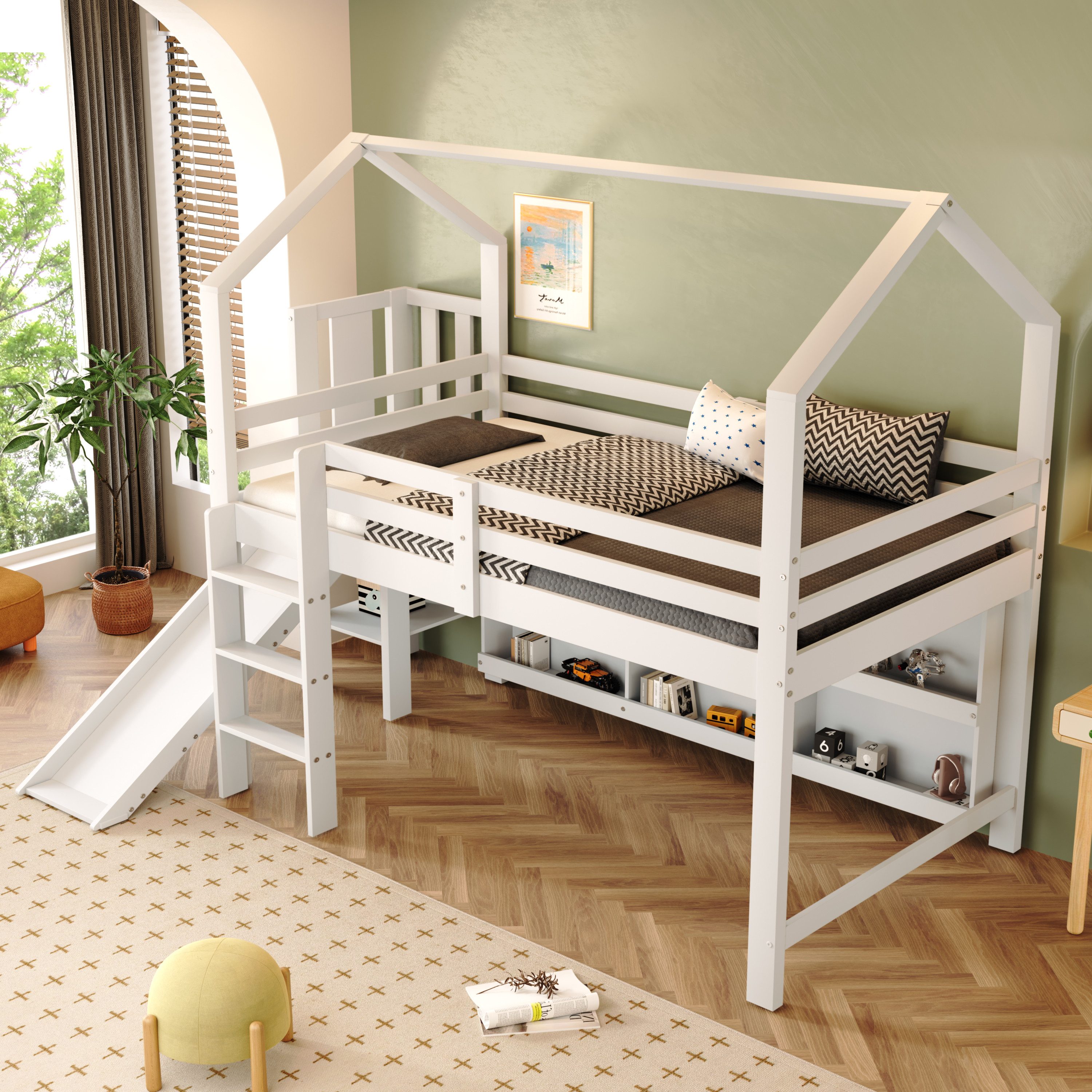 Flieks Hochbett Kinderbett 90x200cm mit Rutsche, Leiter und beweglichem Sch günstig online kaufen