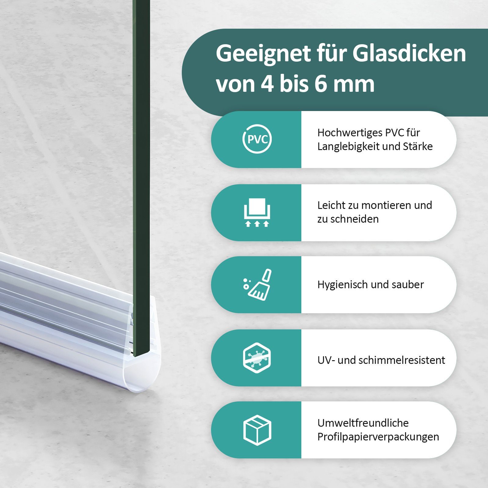 EMKE Duschdichtung Ersatzdichtung Wasserabweiser Duschdichtung, L: 60 cm, Schwallschutz Duschkabine Duschkabinenabdichtung