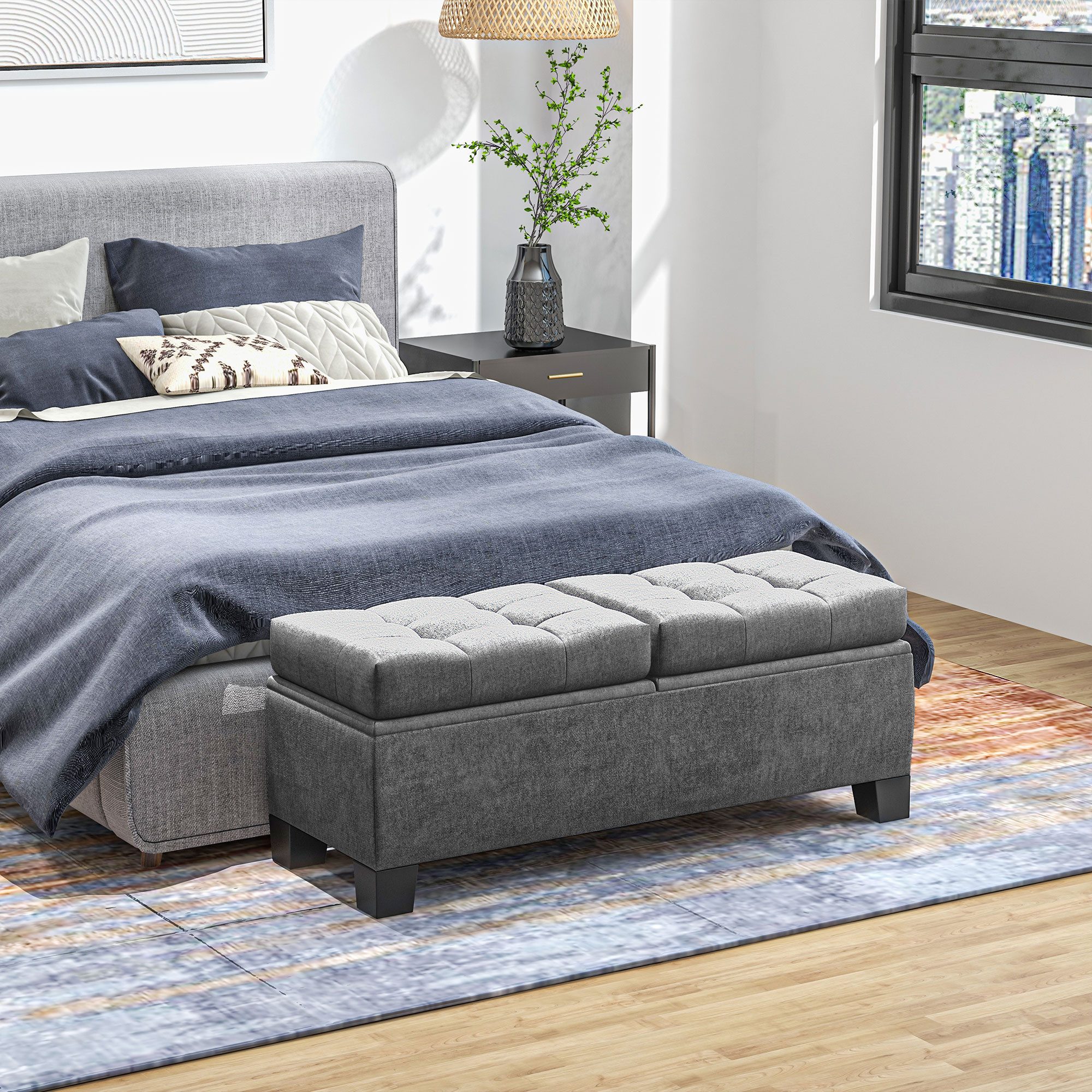 HOMCOM Polsterbank Sitzbank mit Leinenoptik Aufbewahrungsbox bis 180kg belastbar (Gepolsterte Aufbewahrungsbox, 1-St., Sitzbank mit Stauraum), für Flur, Schlafzimmer, Wohnzimmer, 116x41x47 cm, Grau
