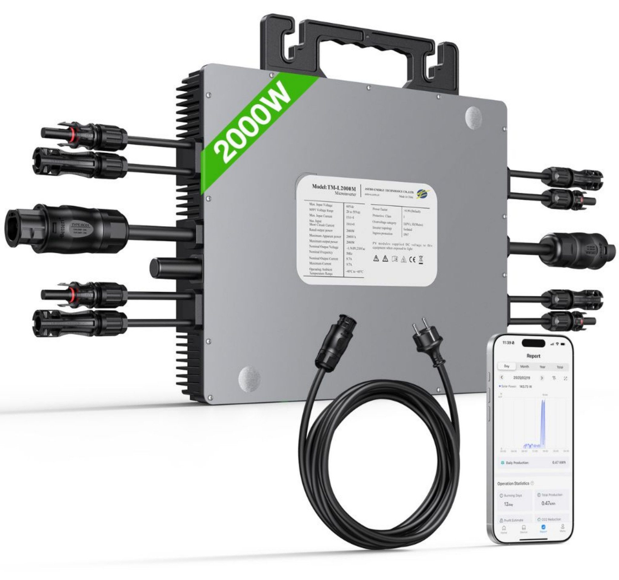 Blossom Balkonkraftwerk Mikro-Wechselrichter 2000W für Balkonkraftwerk mit 5m Anschlusskabel, (60V Niederspannung, 230V Schuko-Anschluss), Solar Wechselrichter mit 4 MPPT, IP67, WiFi Monitoring