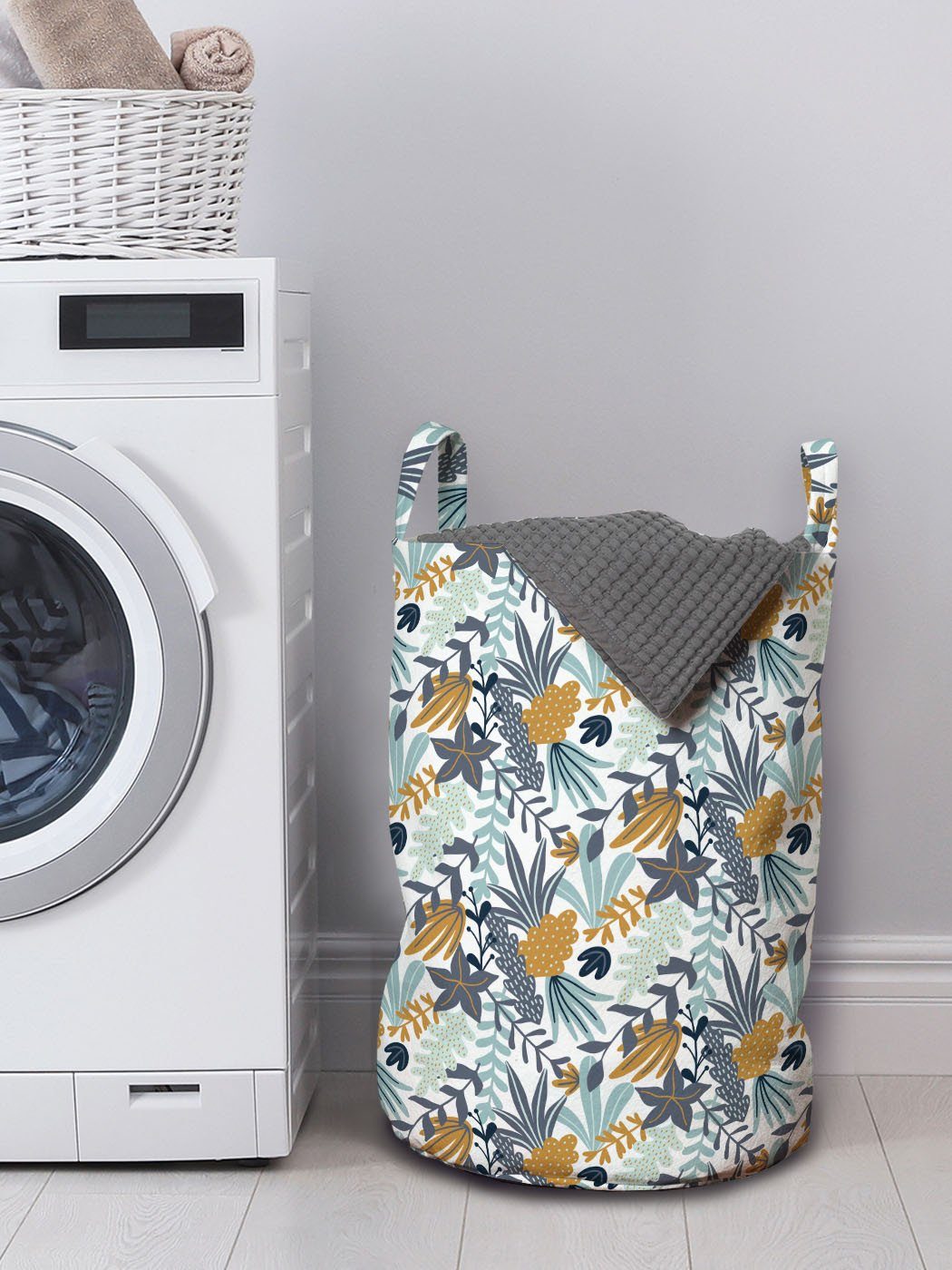 Abakuhaus Wäschesäckchen Wäschekorb mit Griffen Exotisch Kordelzugverschluss und Blätter Waschsalons, Elemente für verwandte