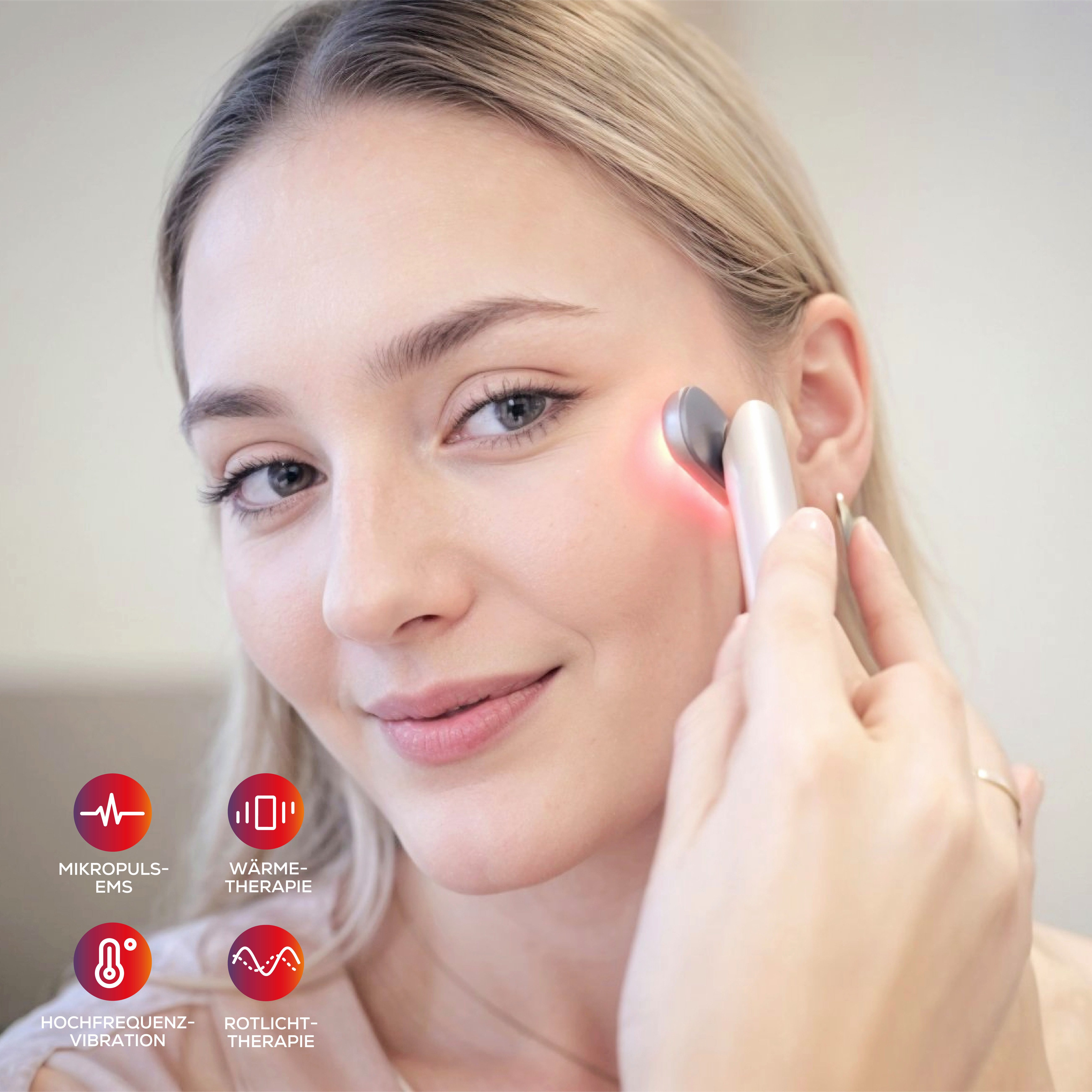 heilys® Gesichtsmassagegerät heilys® FaceWand, Rotlichtlampe Gesicht, 5-in-1 Beauty Gerät mit EMS, Rot- & Blaulicht, Ideal für Zuhause und unterwegs
