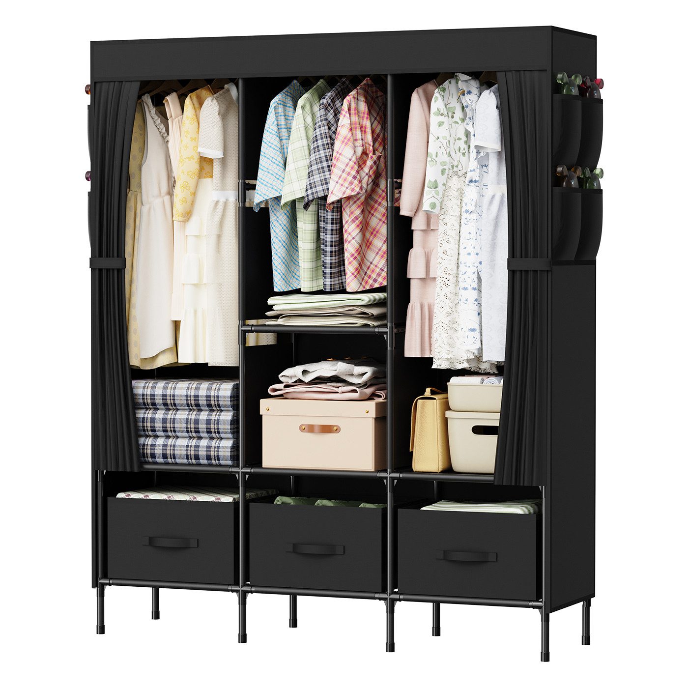 loefme Stoffschrank Kleiderschrank mit Kleiderstangen und 3 Aufbewahrungsbo günstig online kaufen
