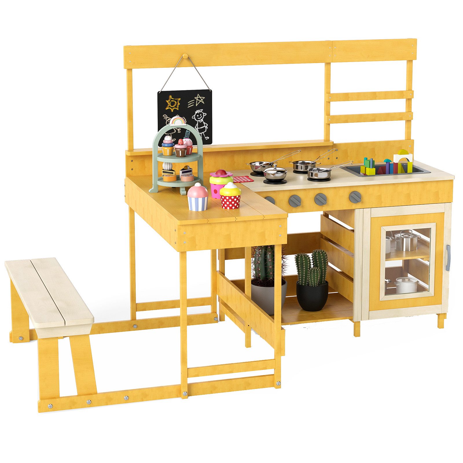 KOMFOTTEU Outdoor-Spielküche 2 in 1 Matschküche, mit Picknicktisch & Bank, 136x77x56.5cm