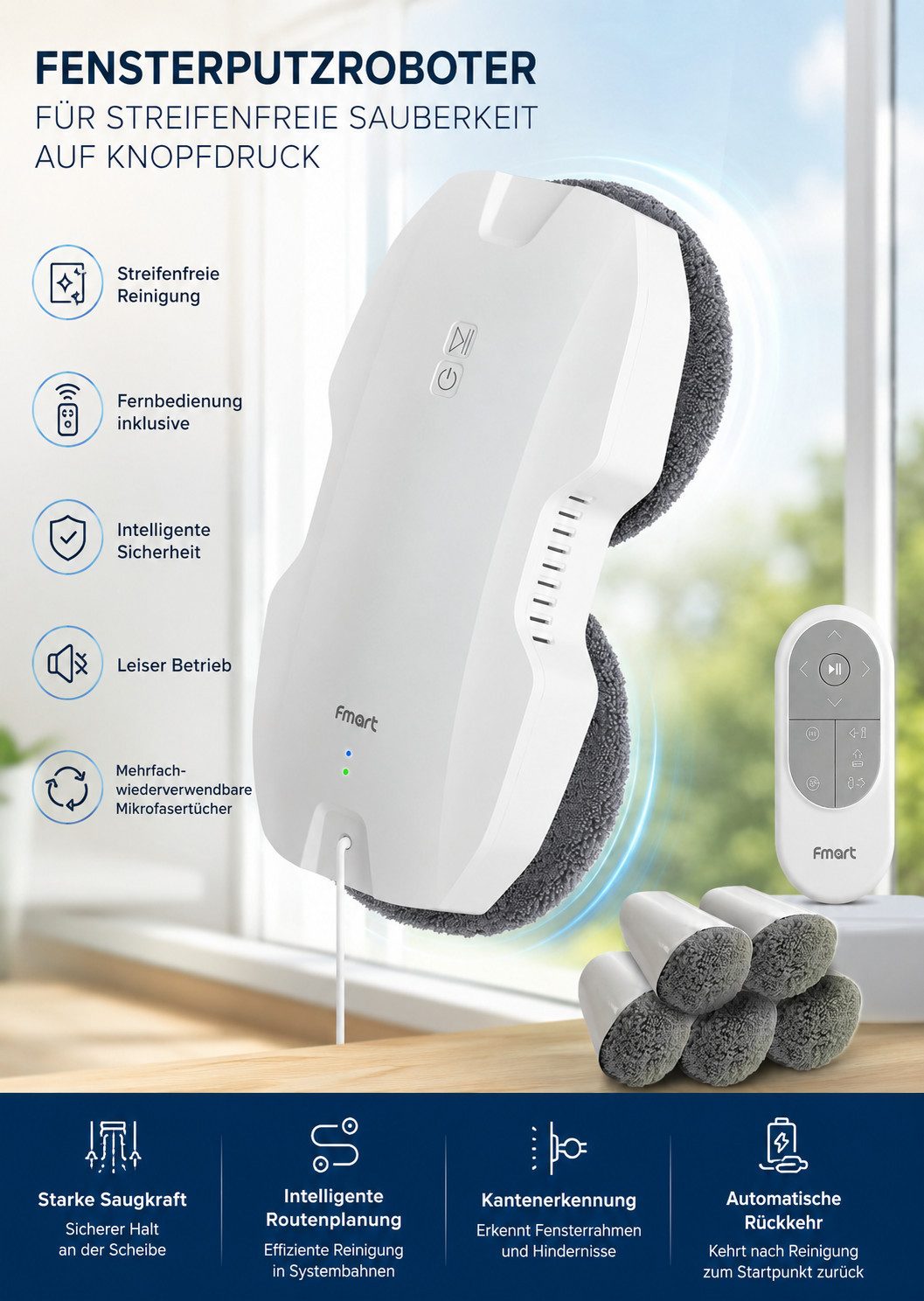 Fmart Fensterputzroboter von K-home Automatischer Glasreinigungsroboter Fenstersauger, Selbstregulierende Saugleistung 3800 Pa
