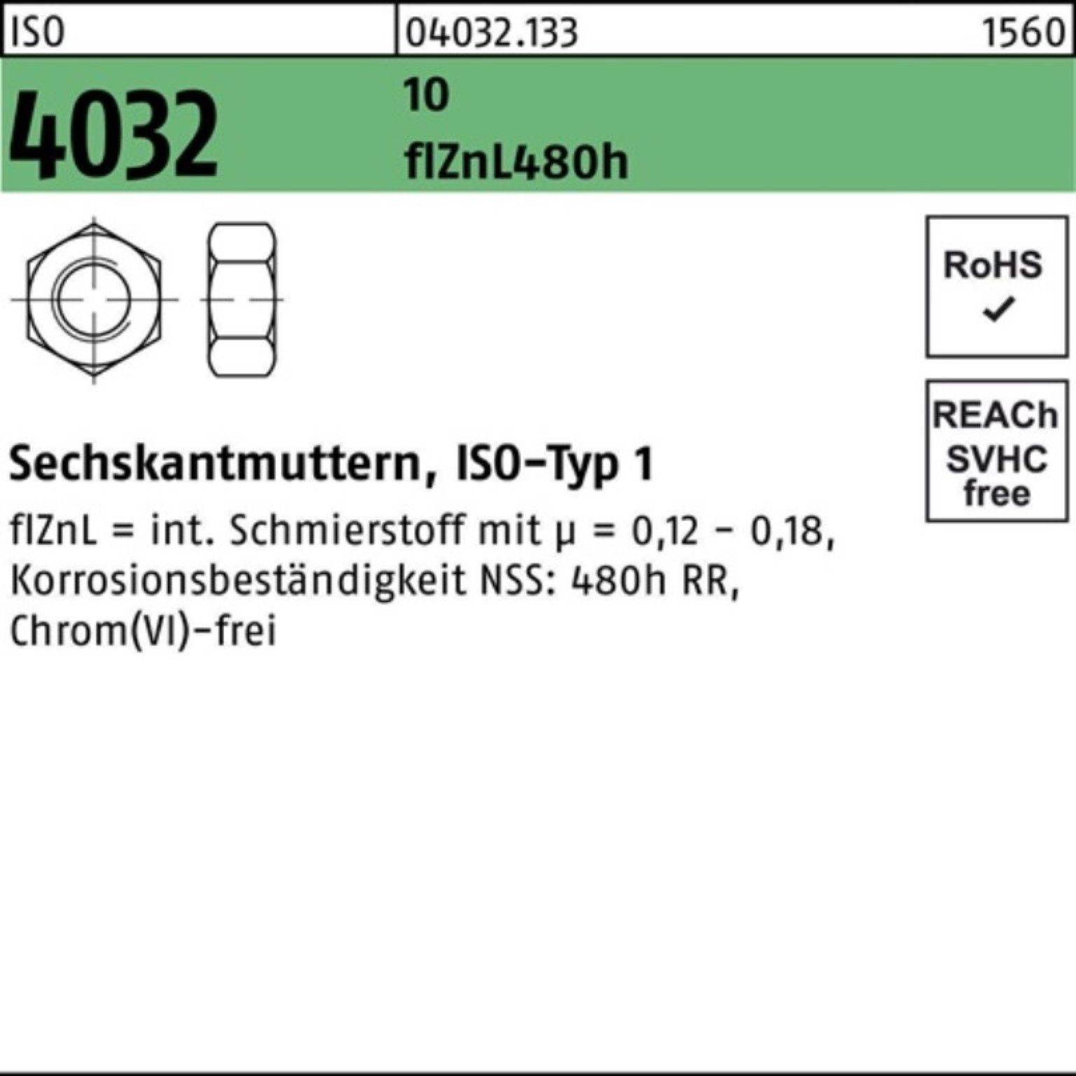 Bufab Muttern 1000er Pack Sechskantmutter ISO 4032 M6 17 zinklamellenb. 1000 Stück