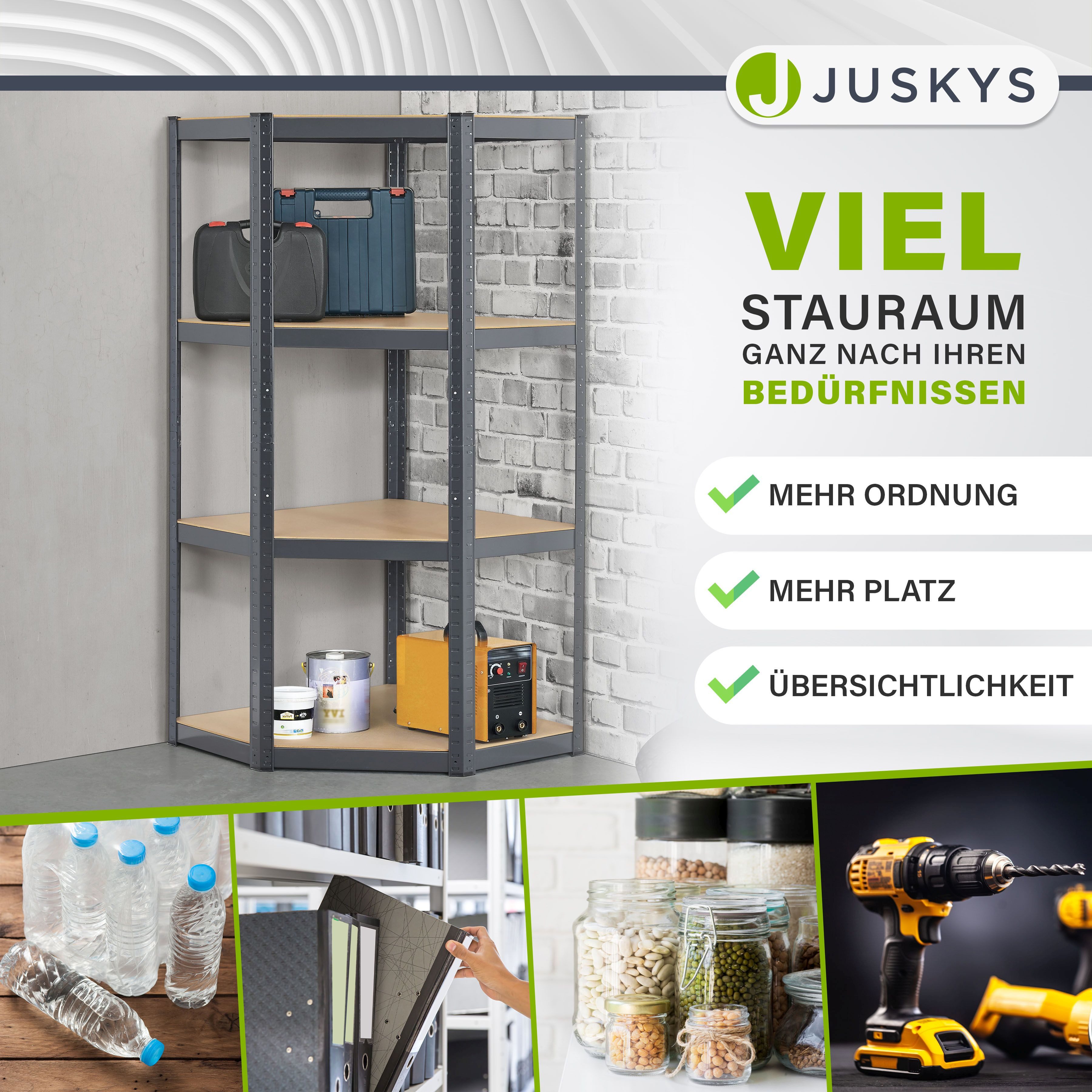 Juskys Eckregal Corner Easy, 1-tlg., 4 Einlegeböden mit bis zu 320 kg Tragkraft.