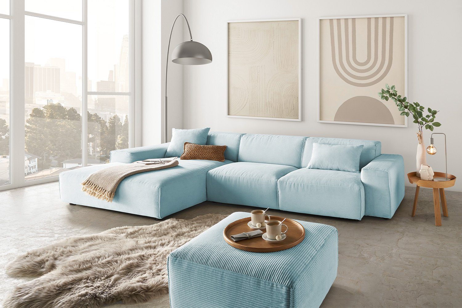 Ecksofa links, Cord, hellblau Recamiere KAWOLA RANI, Farben Sofa rechts od. versch. | hellblau