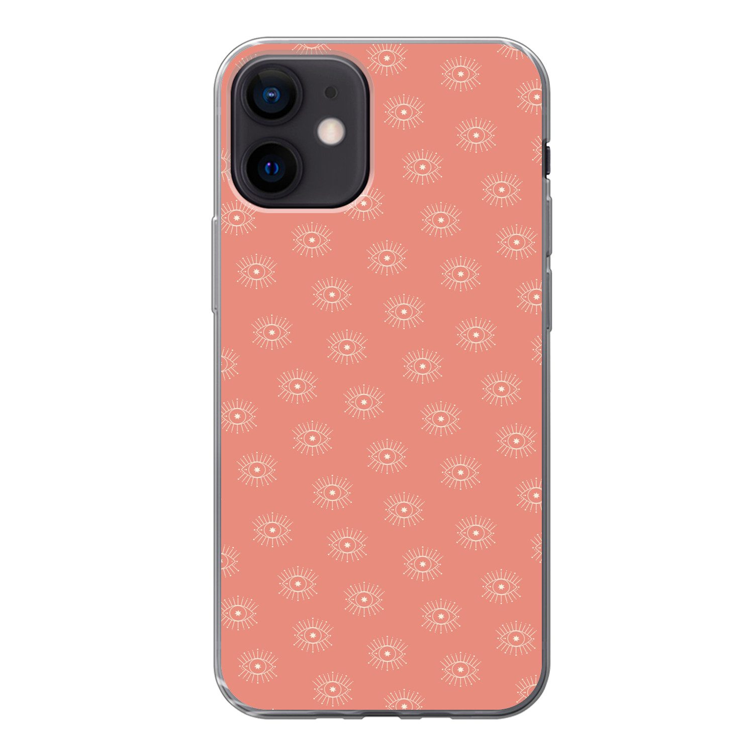MuchoWow Handyhülle für Apple iPhone 12 Boho - Druck - Rosa - Weiß - Augen, Smartphone-Bumper, Print, Handy Schutzhülle Dünn