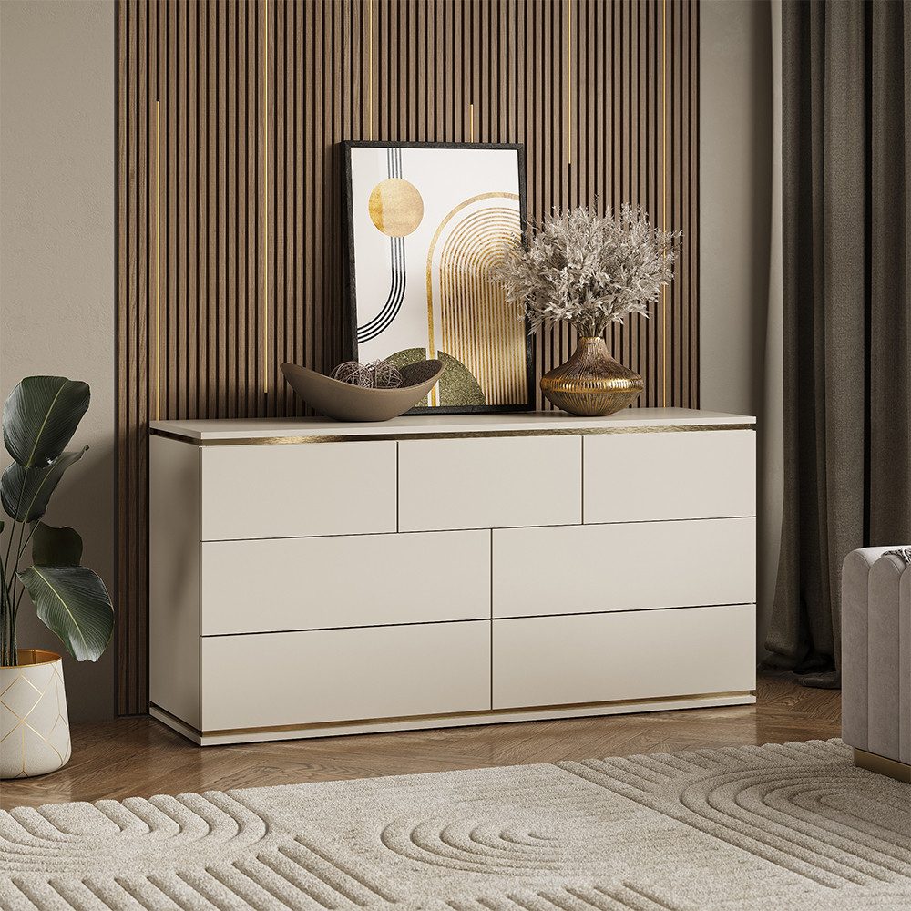 Vicco Kommode Linette, Cashmere/Gold, 139.8 x 70 cm mit 7 Schubladen (1 St)
