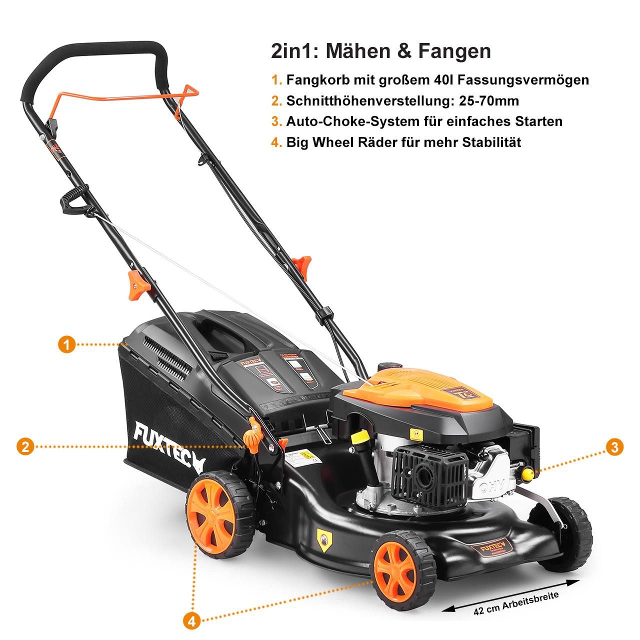 FUXTEC Benzinrasenmäher FX-RM4346ECO, 42 cm Schnittbreite, 42 cm Schnittbreite, 40 L Fangkorb, 3 PS, 146 ccm – Bild 5 von 5