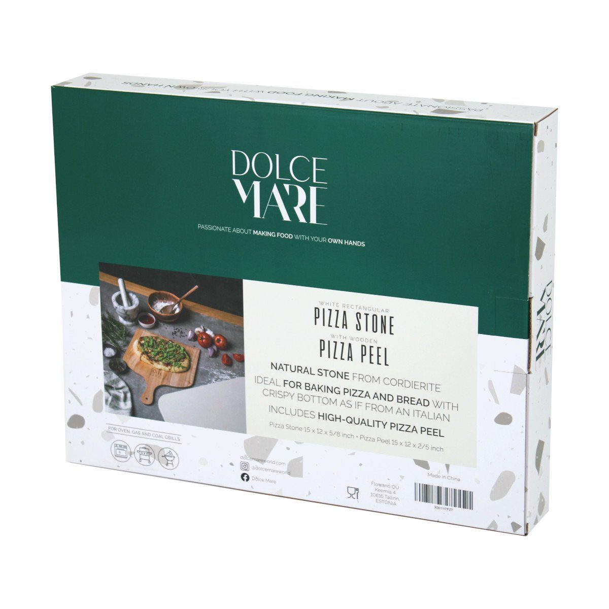 Dolce Mare Pizzastein Set weiss Holz Pizzaschieber Brotbackstein, Cordierit