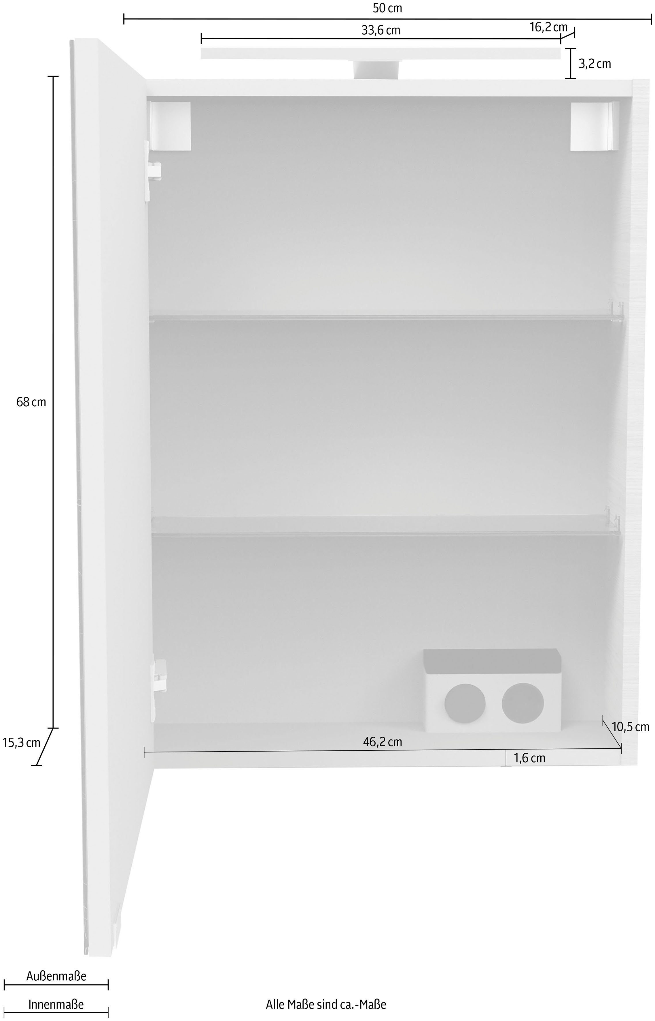 Steckdose, links Anschlag FACKELMANN LED-Aufsatzleuchte) Schalter (Spiegelschrank SBC Spiegelschrank 50cm, | Sandeiche/Beige/Hellbraun Sandeiche/Beige/Hellbraun Breite Aufsatzleuchte, und mit