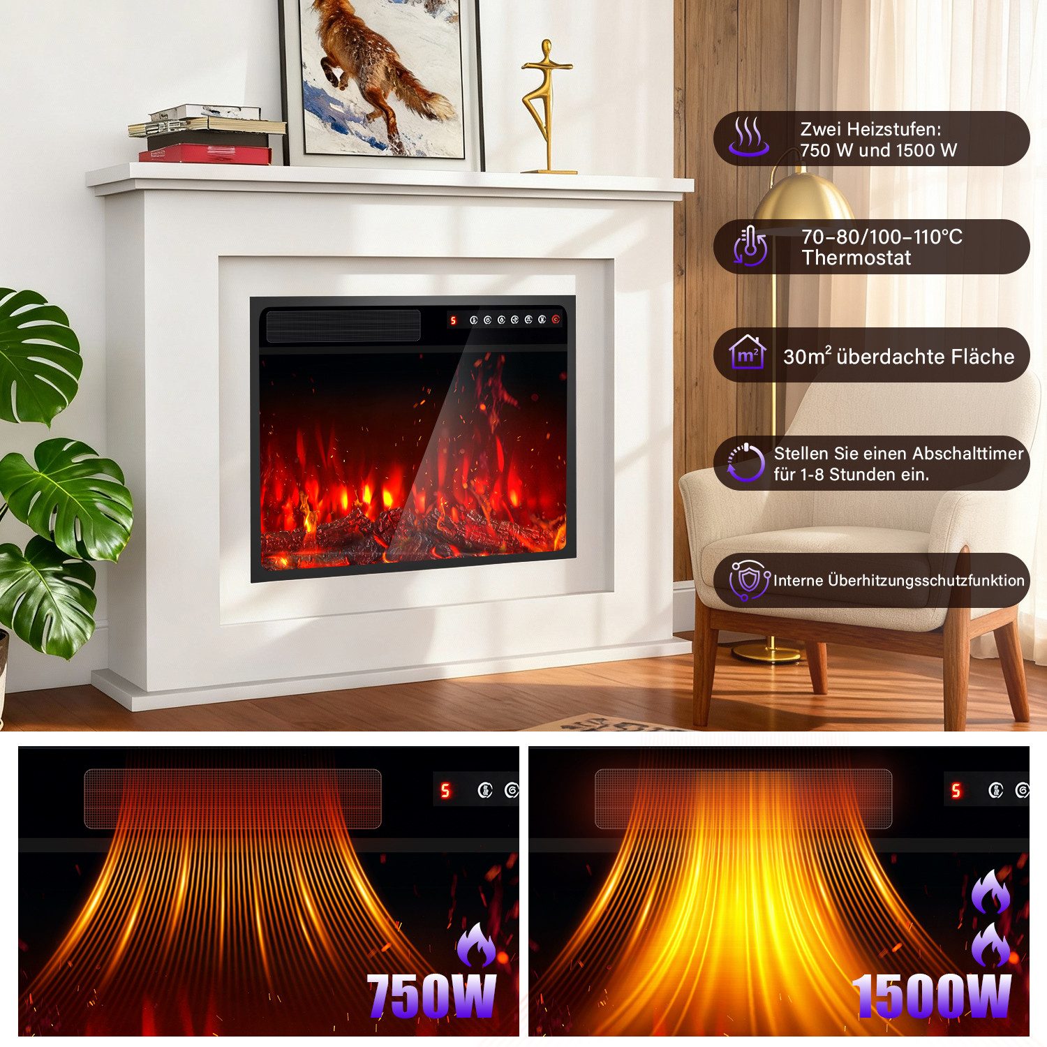 oyajia Elektrokamin Elektrischer Kamin mit Heizung 2000 W LED 3D-Flammeneff günstig online kaufen