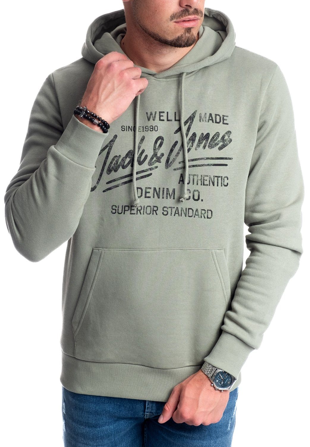 Jack & Jones T-Shirt mit Kängurutasche, Kapuze, mit Logodruck, in Unifarbe