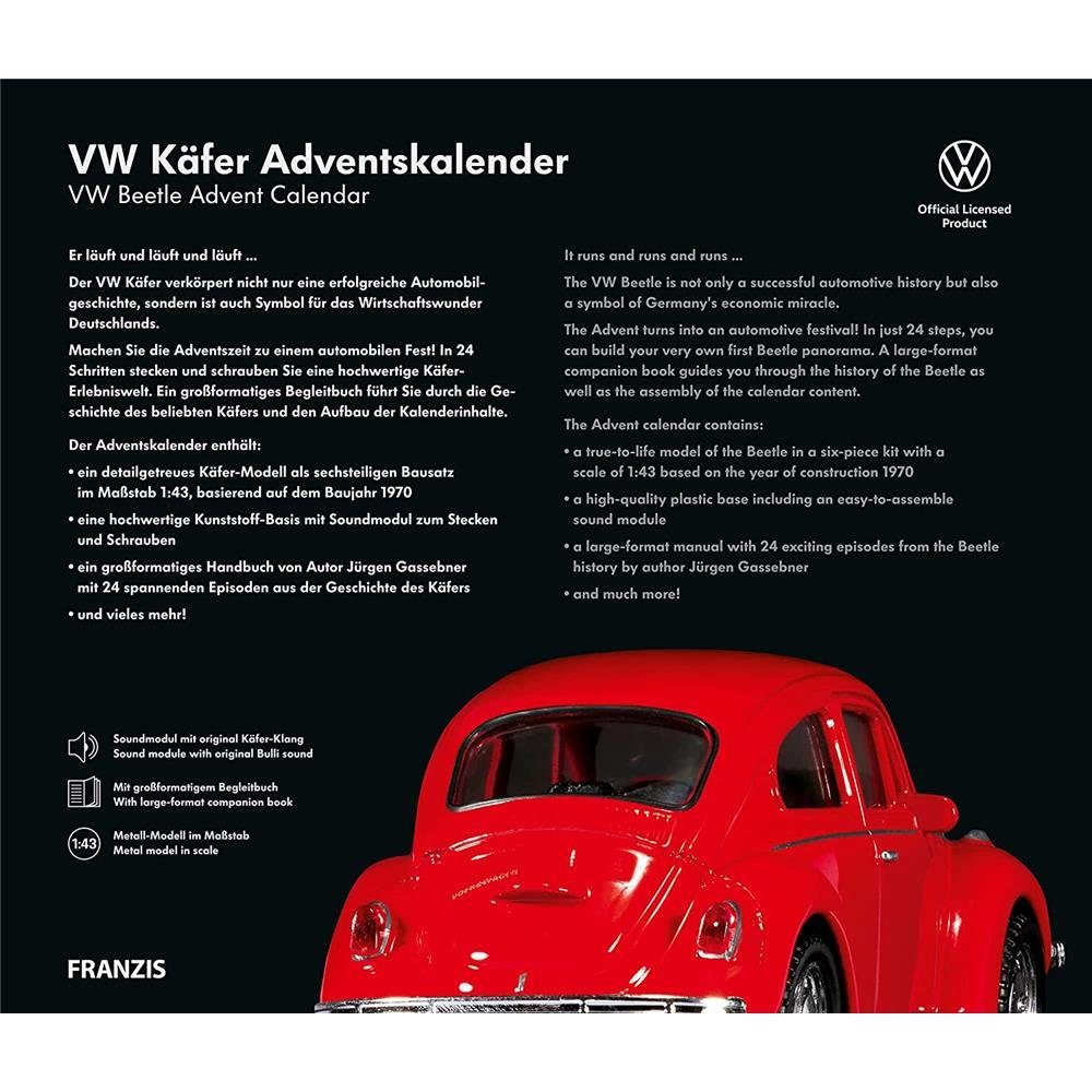Franzis Adventskalender VW Käfer, Rot, Modellbausatz, Maßstab 1:43, aus Metall, mit Sound