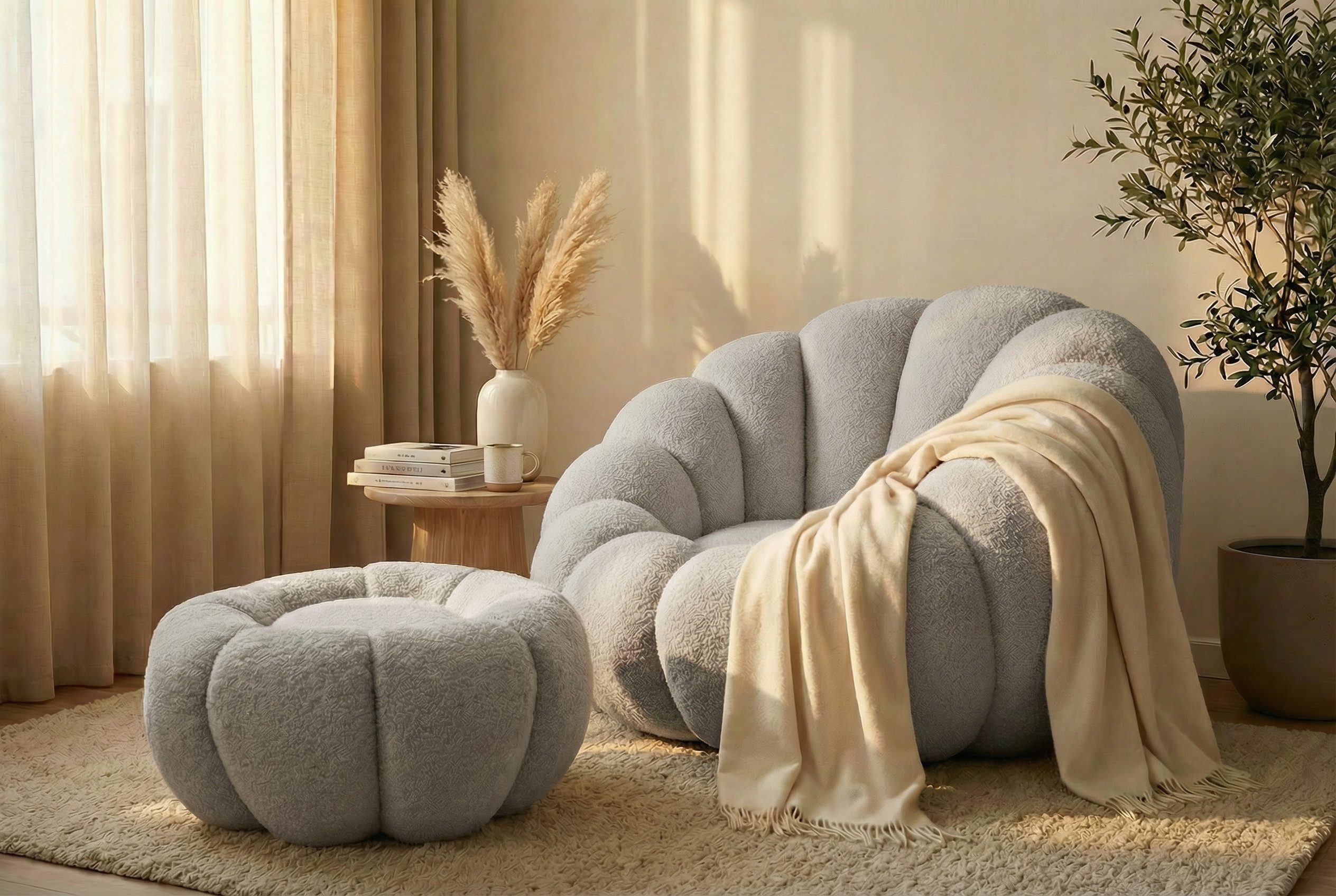 yourhouse24 Drehsessel ORIA, Boucle-Stoff, Sessel mit Fußstütze (Set, 2-St., Relaxsessel mit Hocker), 360° drehbar, Low-Seating