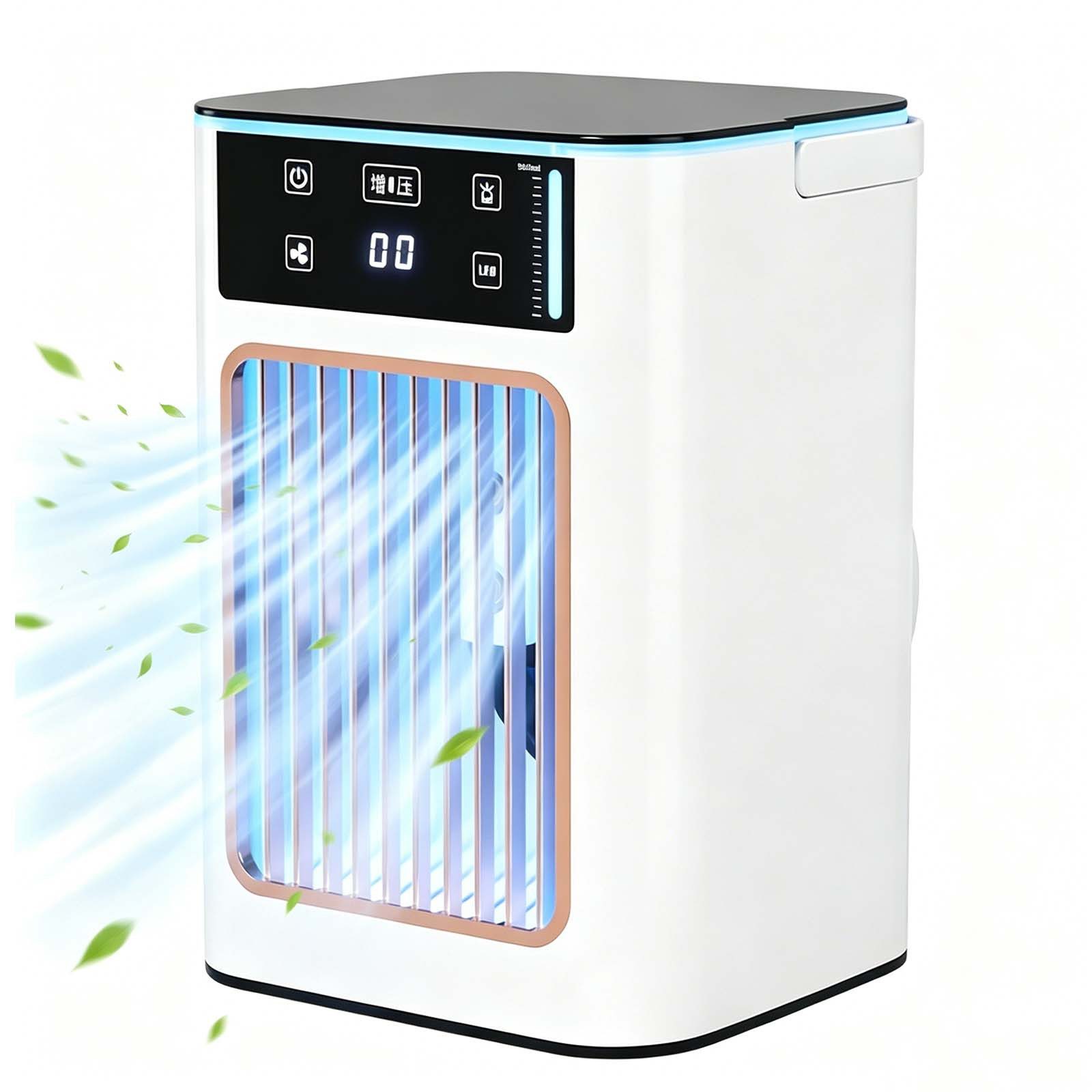 MOPUEA Standventilator 3-in-1 Luftkühler Mini Verdunstungsventilator mit Sprühfunktion USB, 3-in-1 Kühlung, Nebel, 3-Stufen, LED, USB, tragbar, leise