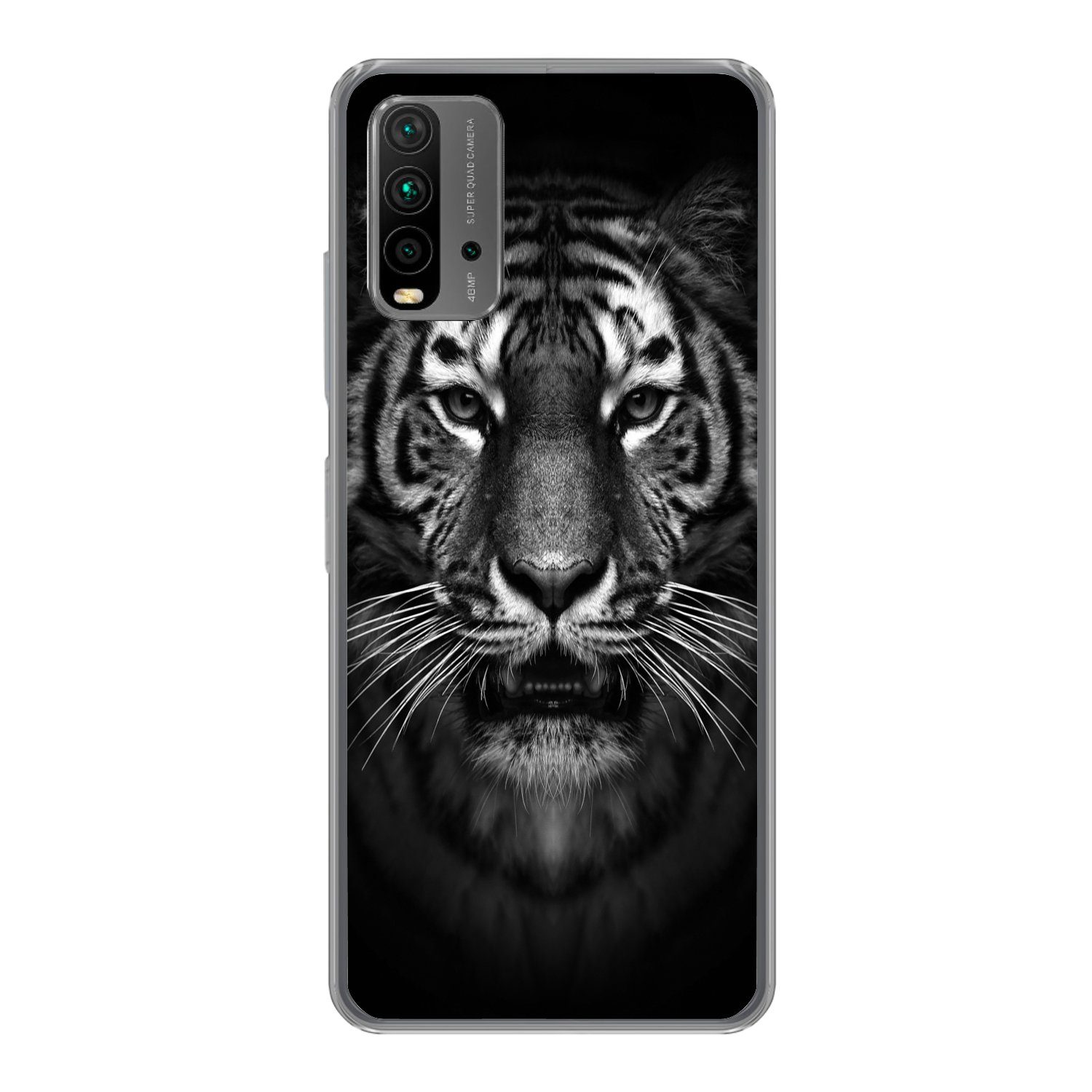 MuchoWow Handyhülle für Xiaomi Redmi 9T Tiger - Tiere - Schwarz - Weiß - Porträt - Wild, Phone Case, Silikon, Schutzhülle Dünn