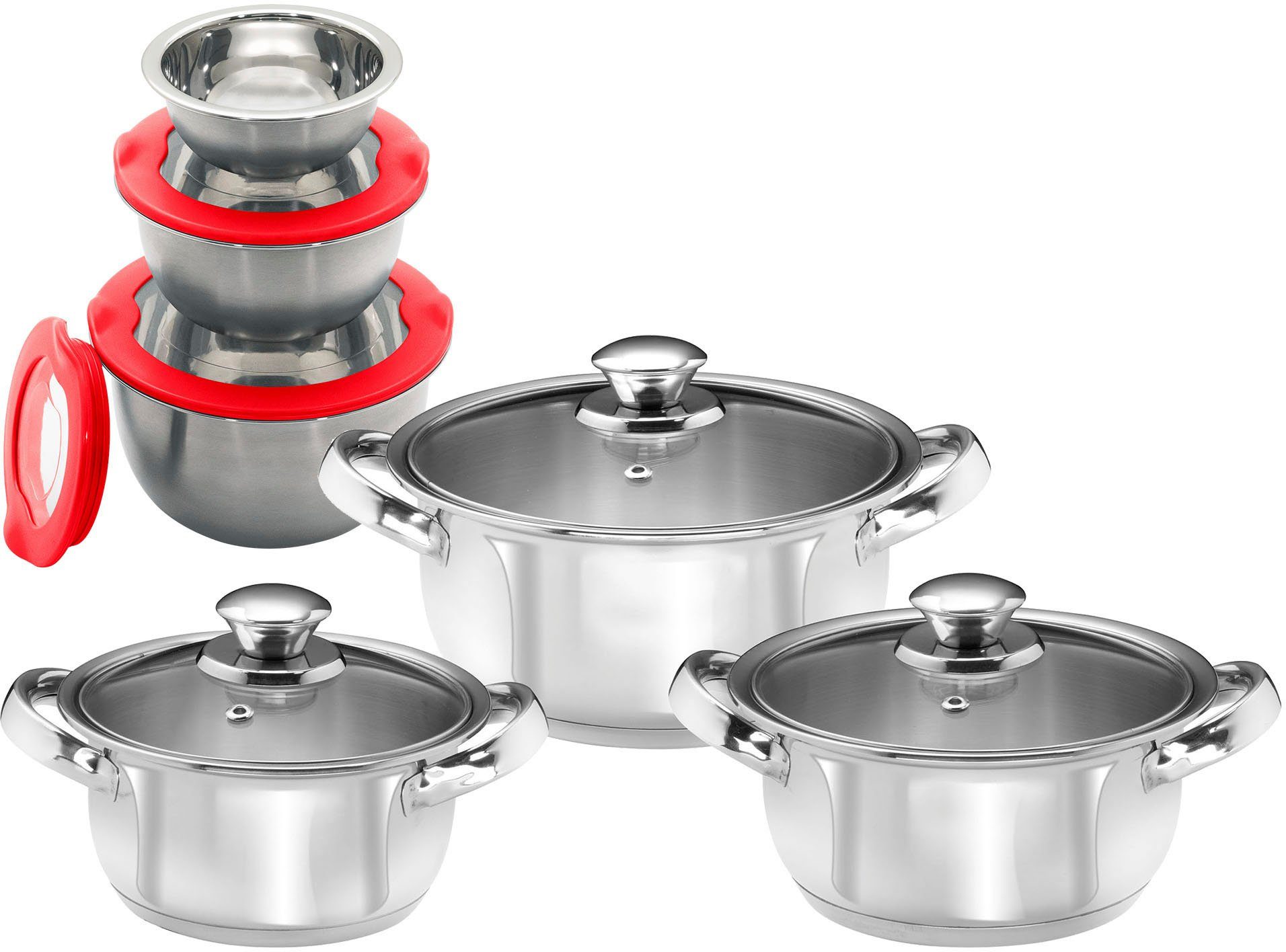 KING Topf-Set, Edelstahl (Set, 12-tlg., 3 Kochtöpfe Ø16 Ø18 Ø20cm, mit Glasdeckel, Schüsselset), Induktion