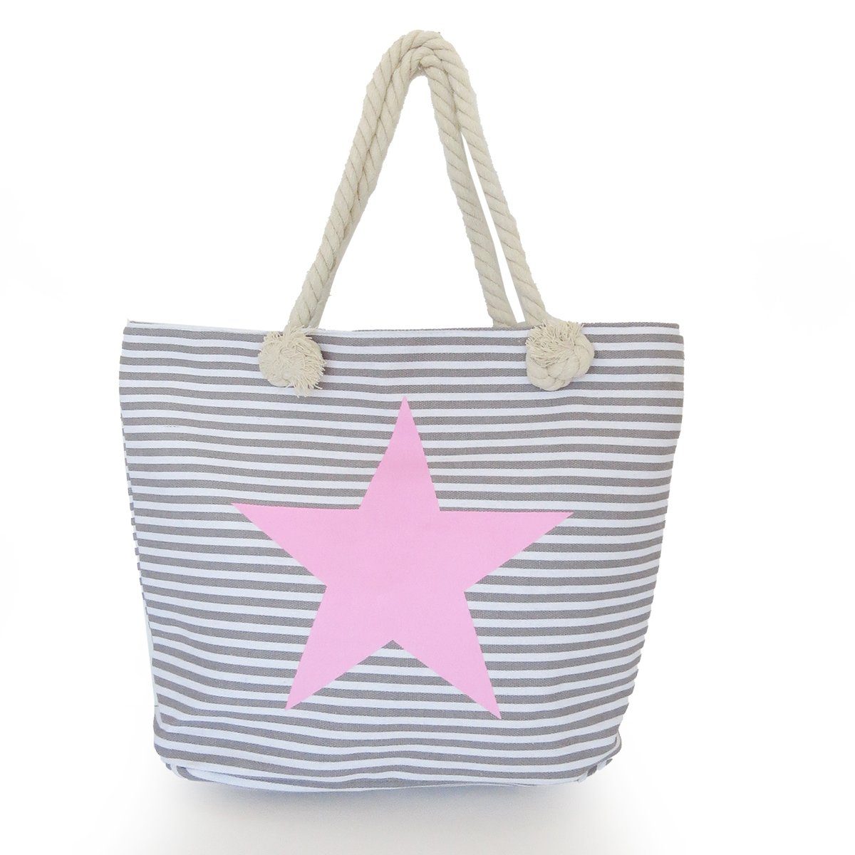 Sonia Originelli Umhängetasche Strandtasche maritim gestreift Sternprint Reißverschluss Shopper, kleine Innentasche mit Reißverschluss grau-rosa