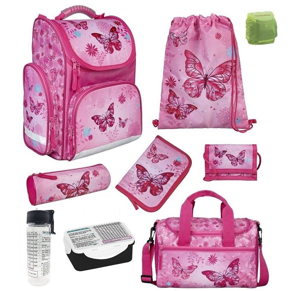 Familando Schulranzen Clou (Set, 9-tlg.-tlg., inkl. Federmäppchen (nicht gefüllt) und Sporttasche), BUTTERFLY Schmetterlinge Rosa/Pink