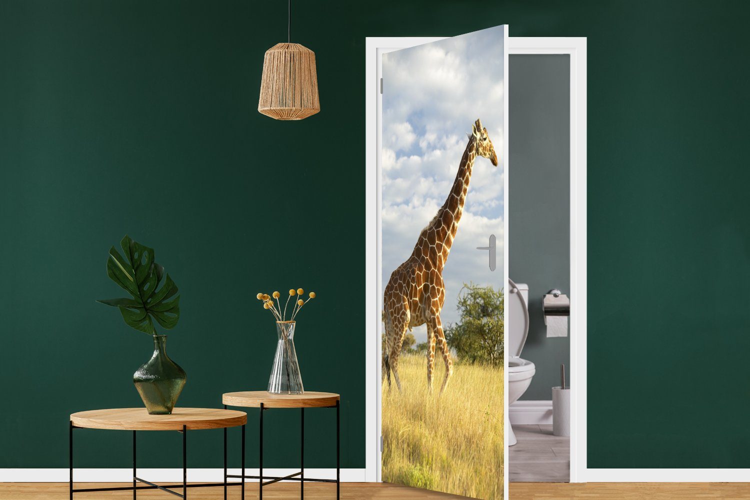 Gras, Giraffe Matt, Fototapete bedruckt, cm (1 Türtapete MuchoWow Tür, für - Himmel St), 75x205 - Türaufkleber,