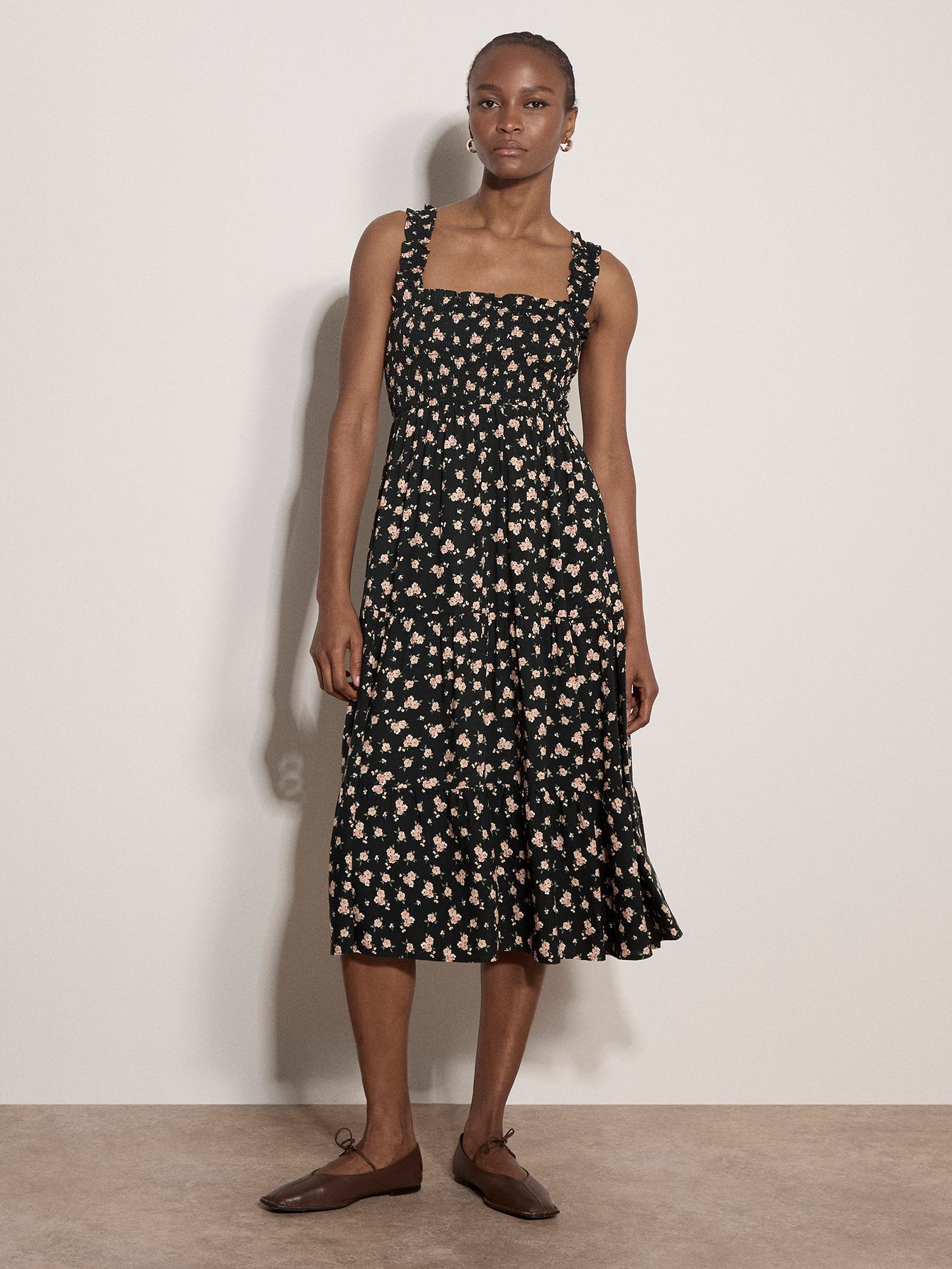 Apricot Midikleid Florales Midikleid mit Smokdetails