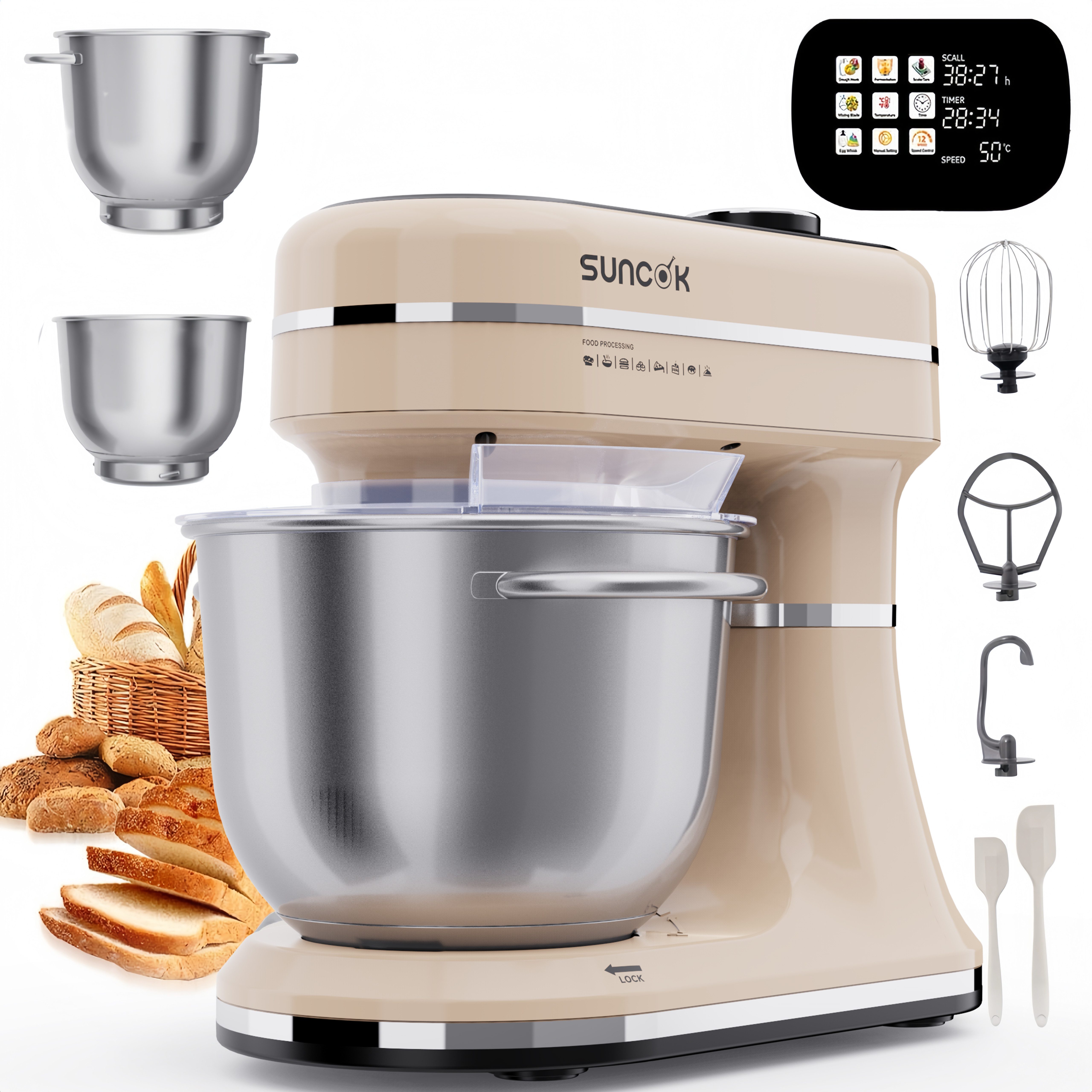 SUNCOK Küchenmaschine Multifunktionale Knetmaschine, 12-Geschwindigkeit, 59 Dezibel. geeignet zum Backen und Kneten von Teig, 1500 W, Elektrische Küchenmaschine,mit 2 Edelstahl-Rührschüsseln 4,5 und 5,5l