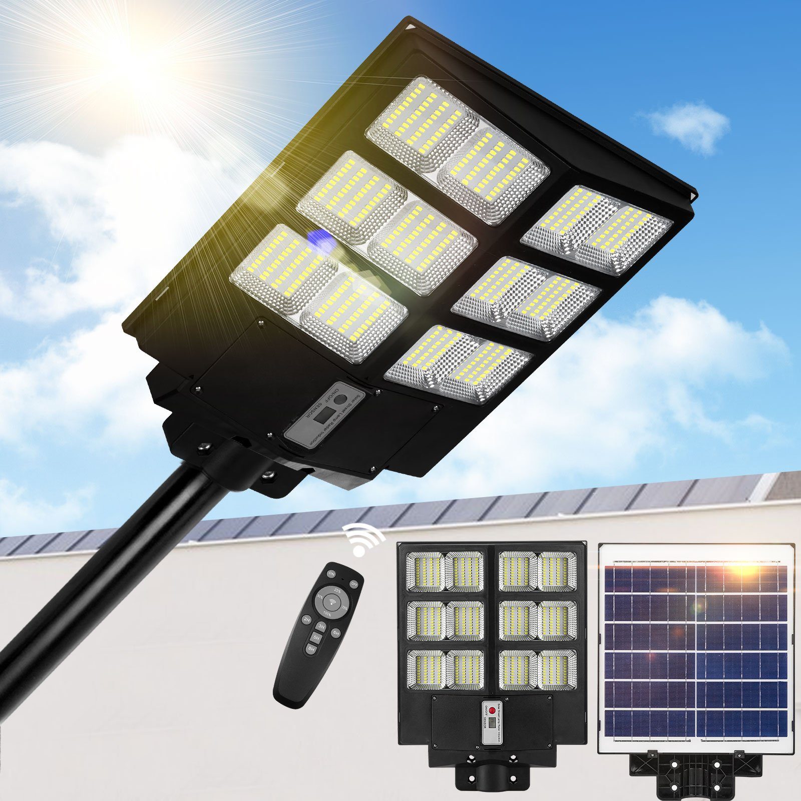Sunicol LED Außen-Deckenleuchte LED Flutlichtstrahler mit Bewegungsmelder, 6500K, Solar Straßenlaterne, Tageslichtweiß, mit Fernsteuerung,Timer, IP65 wasserdicht