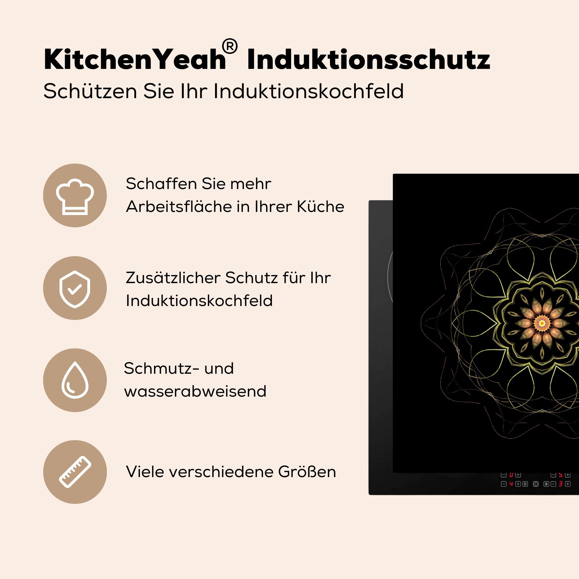 für Hintergrund, vor Mandala MuchoWow Ceranfeldabdeckung, 78x78 (1 schwarzem Herdblende-/Abdeckplatte Arbeitsplatte Vinyl, tlg), cm, küche Ein