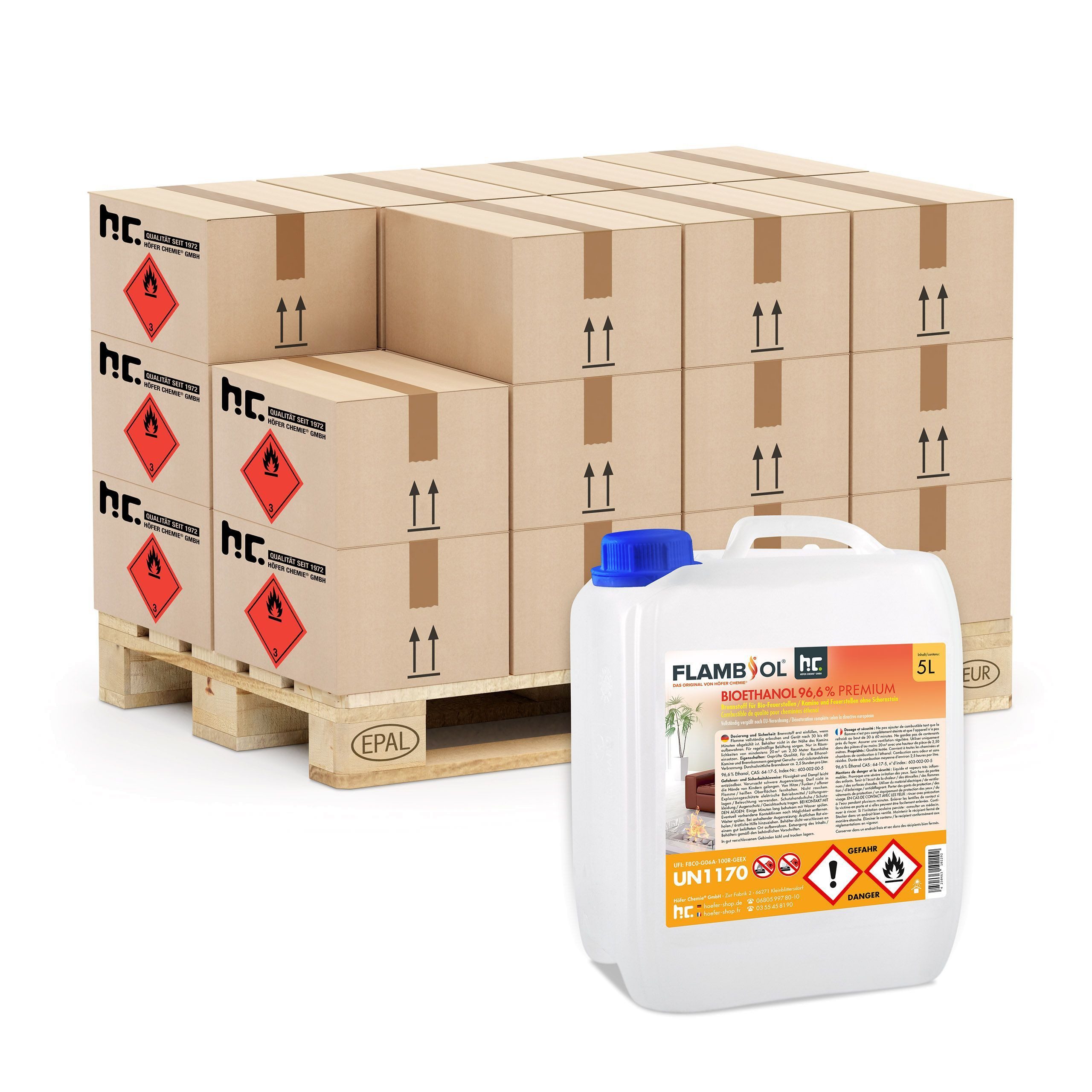 Höfer Chemie GmbH Bioethanol 16x 5L FLAMBIOL® Bioethanol 96,6% Premium für Kamine & Ethanol-Brenner, 80 l, (16-St), Sauberer Brennstoff für Kamine und Feuerstellen
