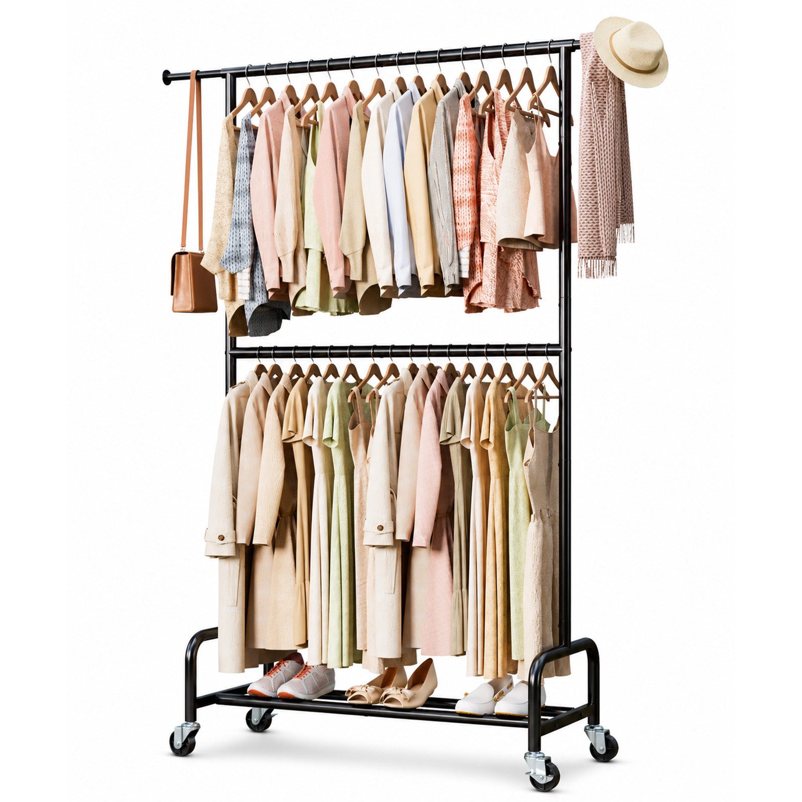 Yorbay Kleiderständer Schwerlast Garderobenständer auf Rollen,bis 210 kg Belastbar, (110/150*48*198cm), 110–150 cm verstellbar, 198 cm hoch, Doppel-Kleiderstange