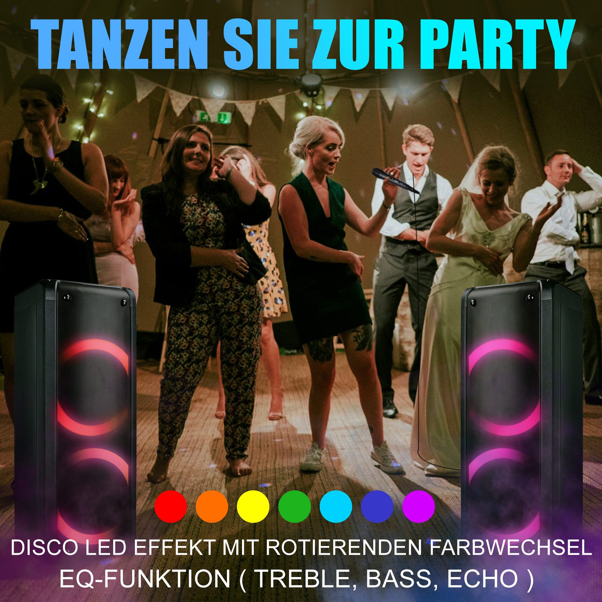 Reflexion PS09BT mit rotierenden Lichteffekten Party-Lautsprecher Stereo (Bluetooth, 500 W, Bluetooth, Radio, Karaoke, Disco-Licht Effekte, Micro-SD Slot)
