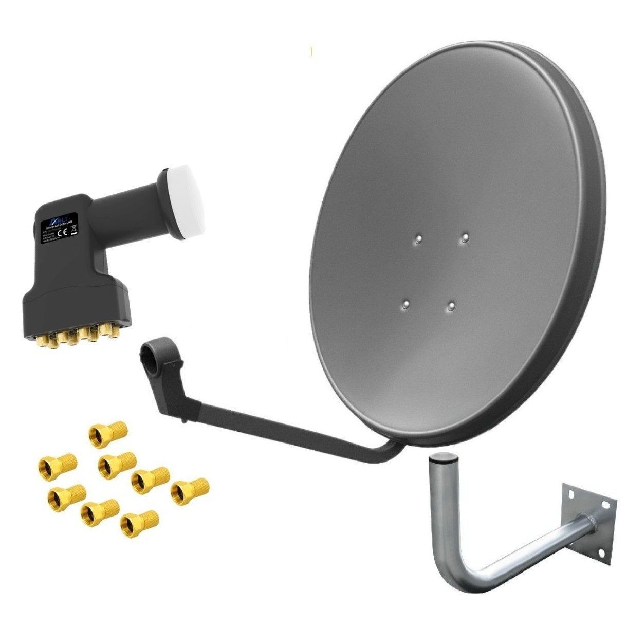 ARLI 60 cm HD Sat Anlage grau +Octo LNB +Wandhalter 45cm + 8x F-Stecker SAT-Antenne (60 cm, Stahl, 4K grau Satellitenschüssel Satelliten Antenne 60 cm)