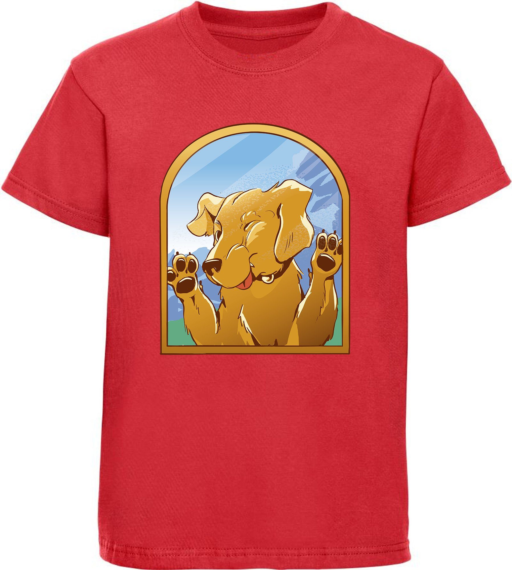 MyDesign24 Print-Shirt bedrucktes Kinder Hunde T-Shirt - Labrador gegen Fenster Baumwollshirt mit Aufdruck, i222 rot | T-Shirts