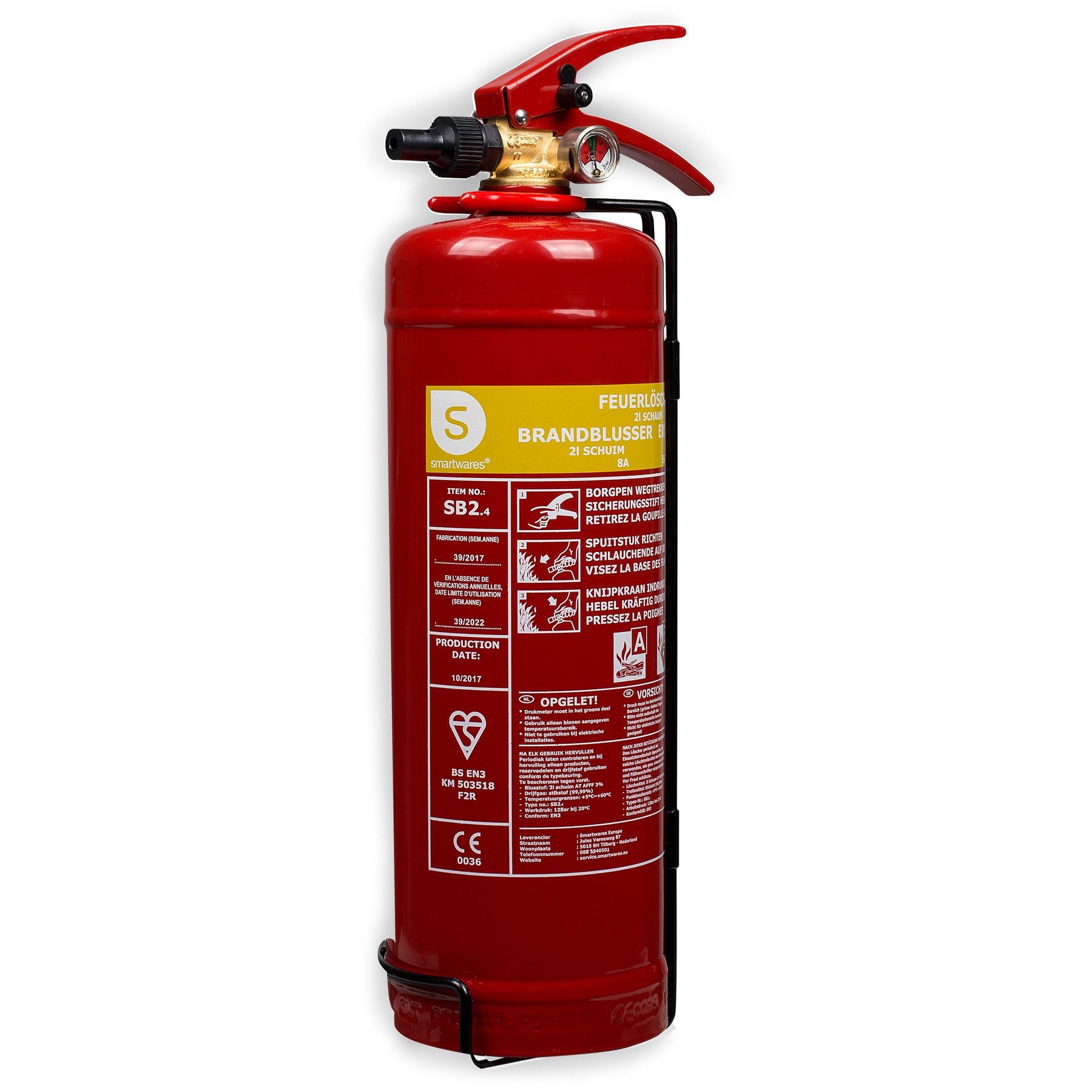 smartwares Schaum-Feuerlöscher SMARTWARES Feuerlöscher, Schaum, 2 L, Brandklasse 8A, 55B