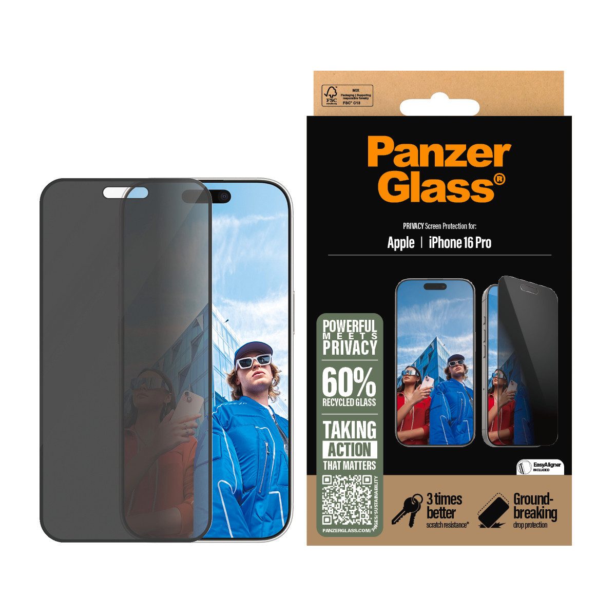 PanzerGlass Displayschutzglas Privacy Screen Protection für Apple iPhone 16 Pro, Displayschutzfolie, Schutzfolie, Bildschirmschutz, kratz- & stoßfest