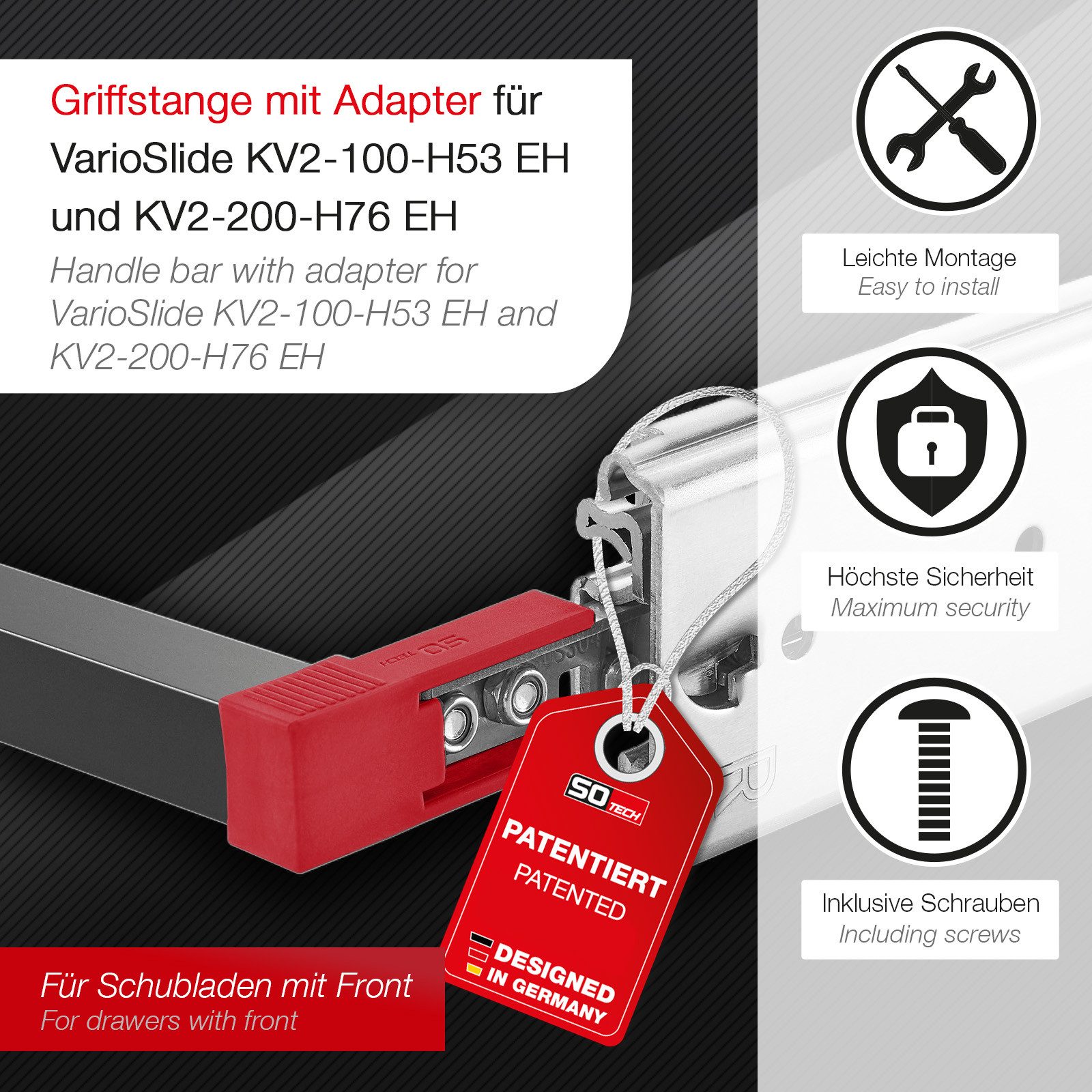 SO-TECH® Griff VarioSlide Pat. Einhandverriegelung für Schubladen mit Front, Breite 60 cm Schwarz mit rotem Adapter für VarioSlide Auszug