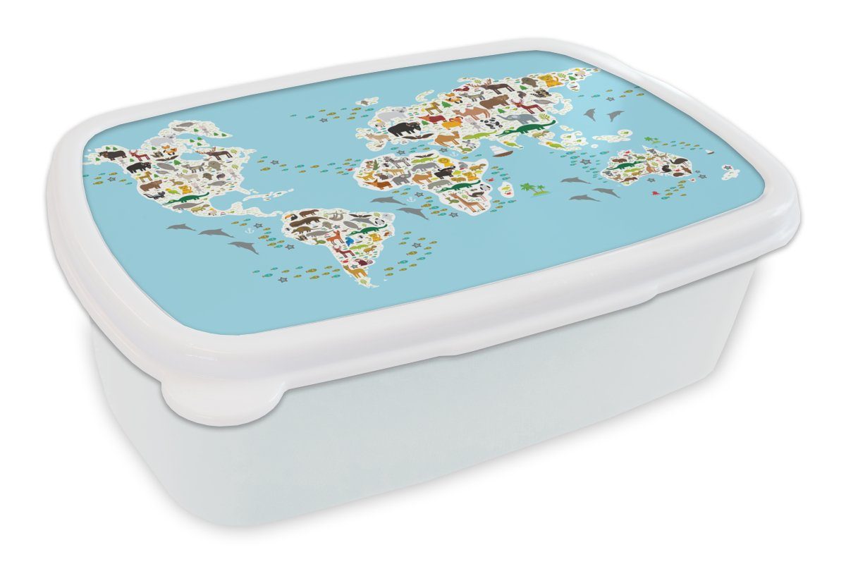 MuchoWow Lunchbox Weltkarte - Kinder - Tiere - Blau - Jungen - Mädchen, Kunststoff, (2-tlg), Brotbox für Kinder und Erwachsene, Brotdose, für Jungs und Mädchen weiß