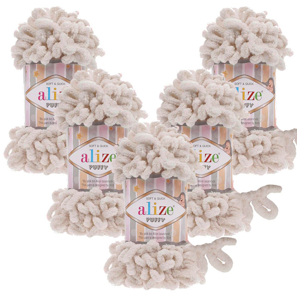 Alize 5 x ALIZE Puffy 599 Bone Häkelwolle, 9 m (Wolle), Babywolle Chenillegarn Handstrickgarn Fingerhäkeln Amigurumi