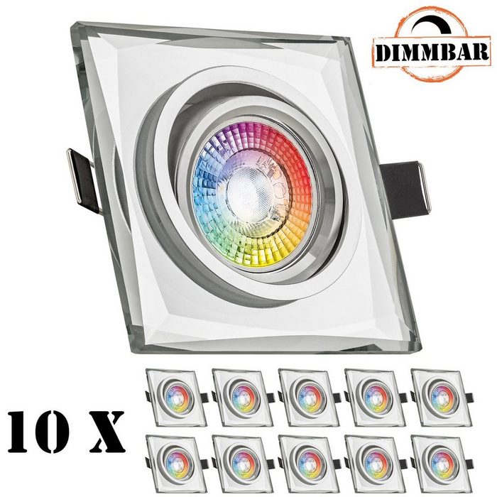 LEDANDO LED Einbaustrahler 10er RGB LED Einbaustrahler Set extra flach in weiß mit 3W LED von LEDANDO - 11 Farben + Warmweiß - inkl. Fernbedienung - dimmbar - eckig