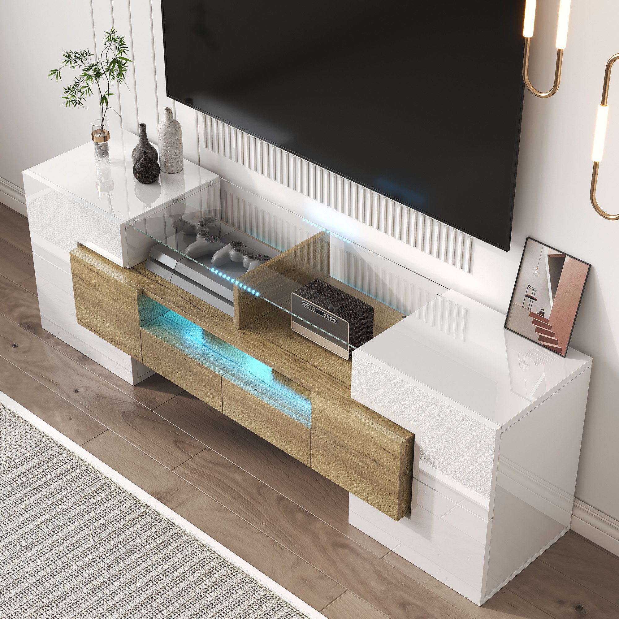 Merax TV-Schrank Hochglanz (1-St) Lowboard mit LED und Stauraum, Fernsehtisch, TV-Ständer, Breit: 145 cm – Bild 2 von 5