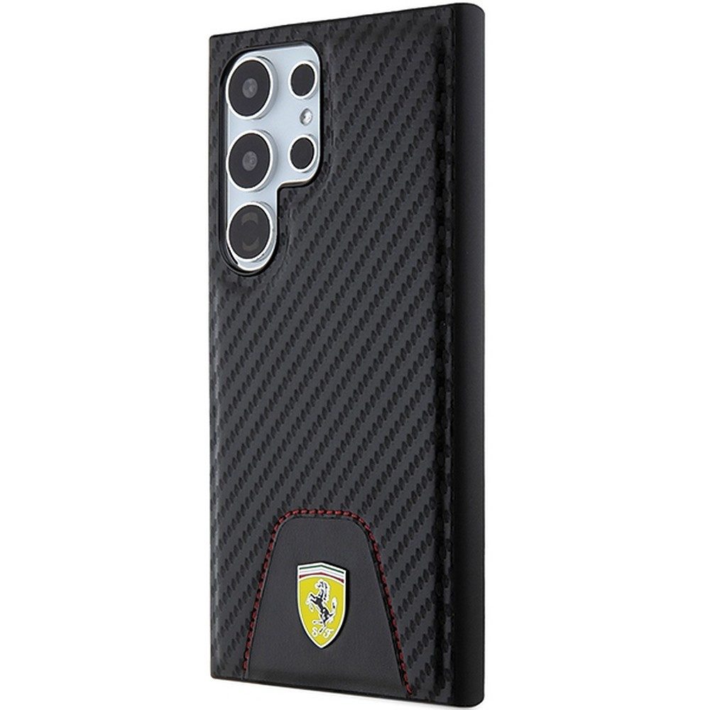 Ferrari Handyhülle Carbon Lederakzent Cover, Carbon-Optik, Leder-Akzent, Metall-Logo, Kameraschutz