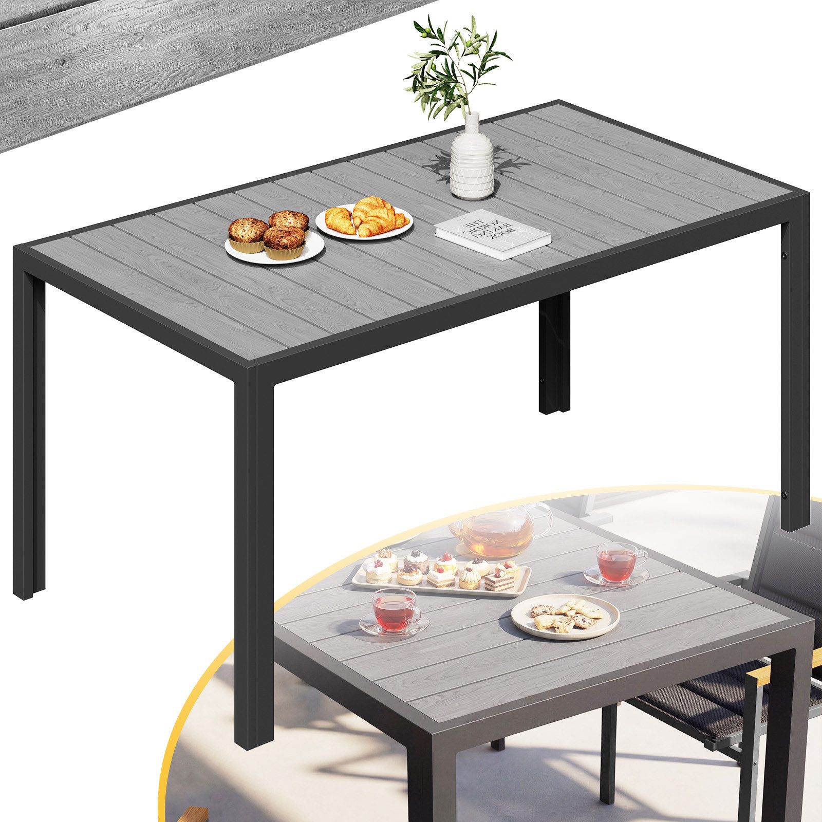 HOMALL Gartentisch Holzoptik Esszimmertisch 100kg Belastbarkeit, für 4-10 Personen (150/180cm Garten-Esstisch wetterfest Aluminiumrahmen Verstellbare Füße, für Außenbereich)