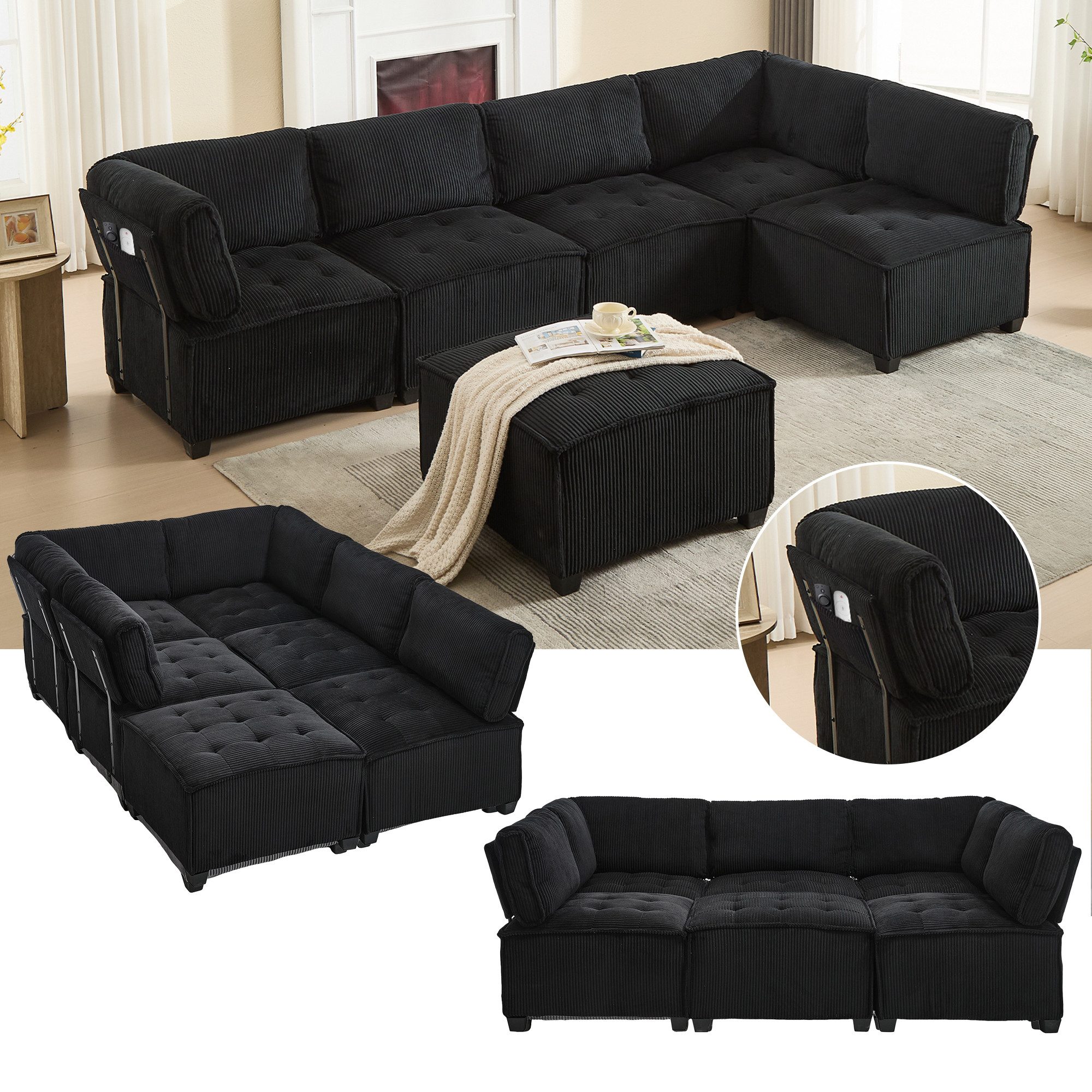 LVHOM Loungesofa Modulares 6er-Sofa mit Ottomane, Großformat U/L-Form + Schlaffunktion, 6 einzelne Module kombinierbar als U-/L-Form, Zweisitzer, Dreisitzer oder 164×230cm Schlafsofa. Stabiler Hybridrahmen (Holz/Metall, 400kg Last) mit bodenschonenden Kunststofffüßen, Ergonomische Rücken-/Armlehnen, Atmungsaktiver Cordbezug