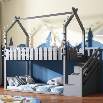 SOFTWEARY Etagenbett mit 2 Schlafgelegenheiten, Lattenrost und Treppe (90x200 cm), Kiefer, Hausbett inkl. Rausfallschutz, Kinderbett