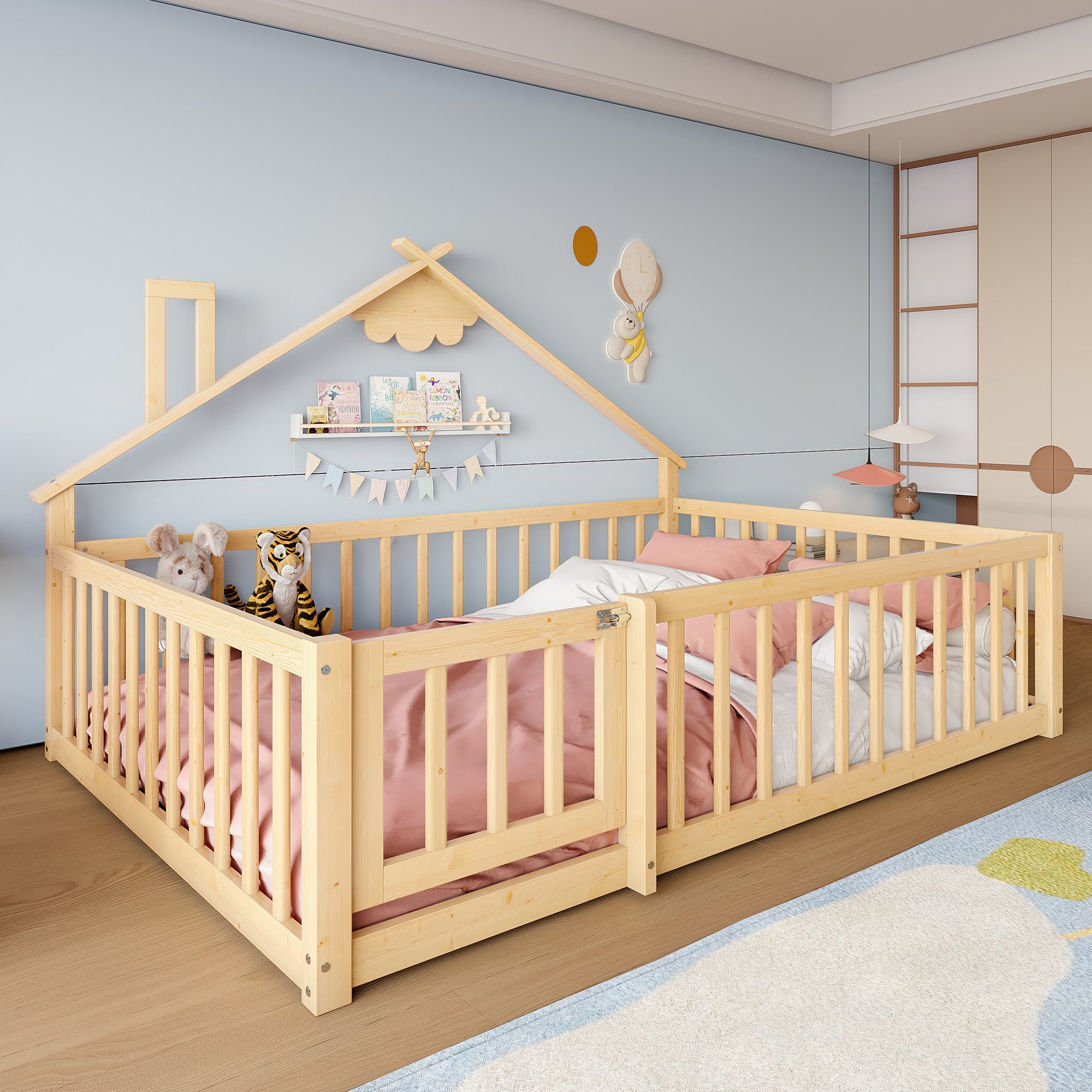 Flieks Kinderbett, Bodenbett Holzbett Hausbett 140x190cm günstig online kaufen